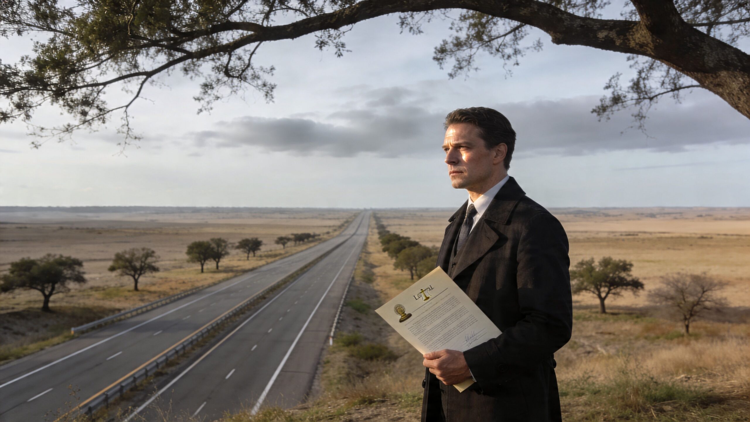 A man in a suit and coat stands outdoors holding a legal document near a long road.