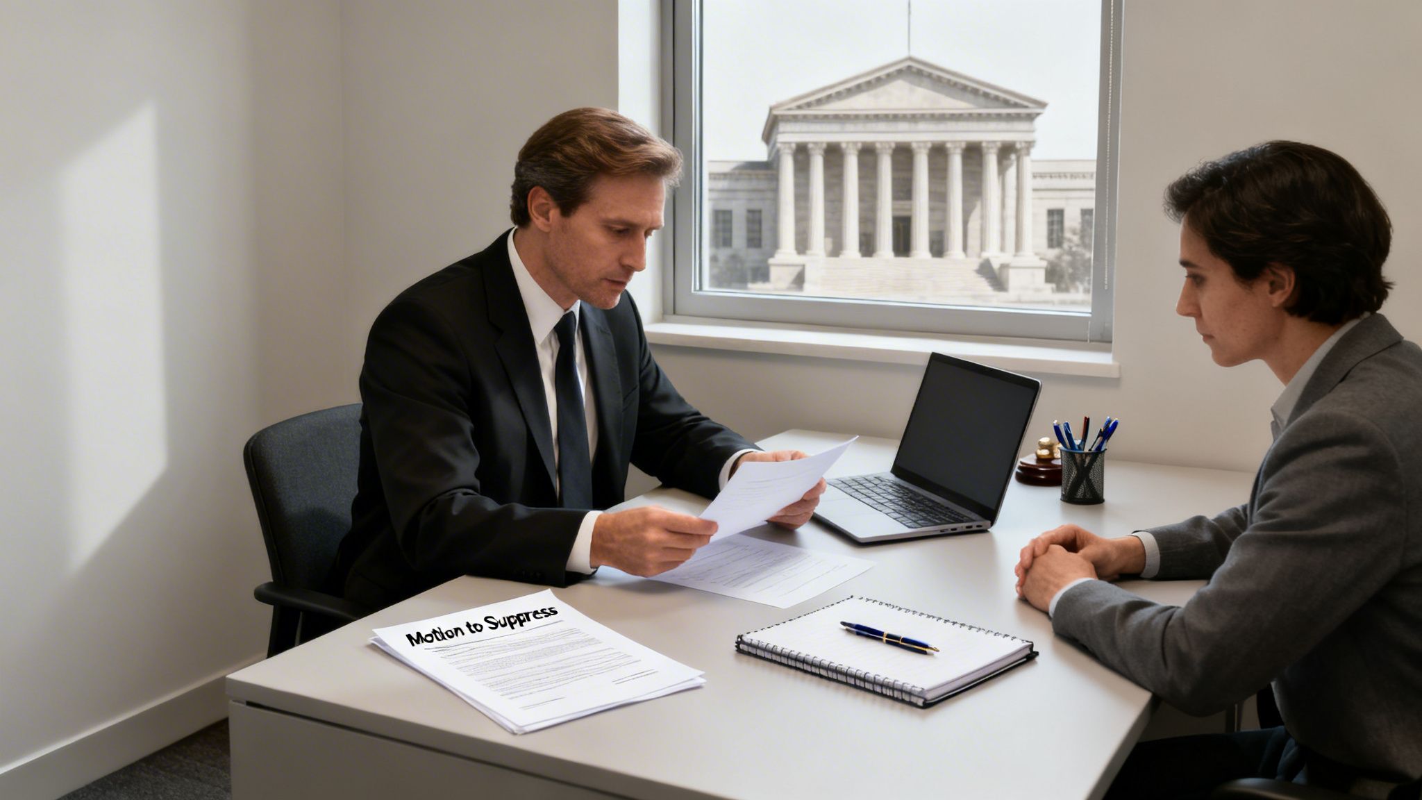 Two lawyers in an office, one reading a 'Motion to Suppress' document, with a courthouse visible outside.