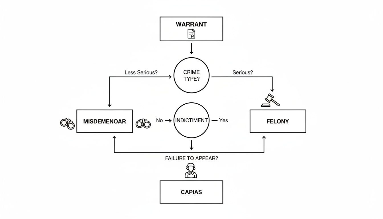A legal flowchart illustrates the process from a warrant to crime classification and Capias issuance.