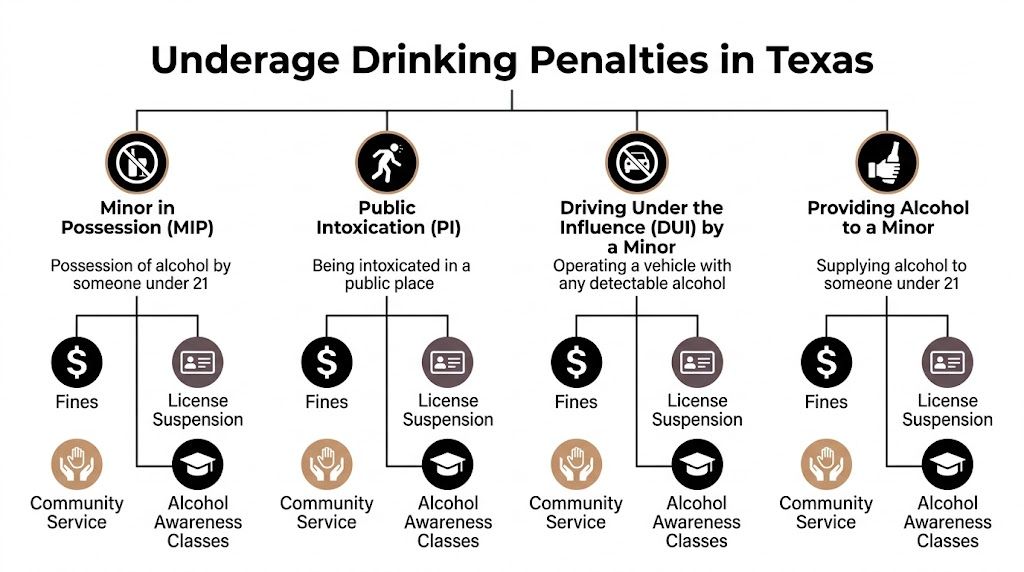 A chart detailing penalties for underage drinking, public intoxication, DUI, and providing alcohol to minors in Texas.