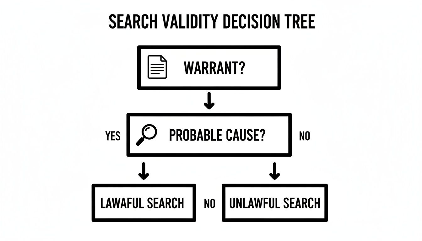 A decision tree illustrating search validity: Warrant? then Probable Cause? Yes to Lawful Search, No to Unlawful Search.