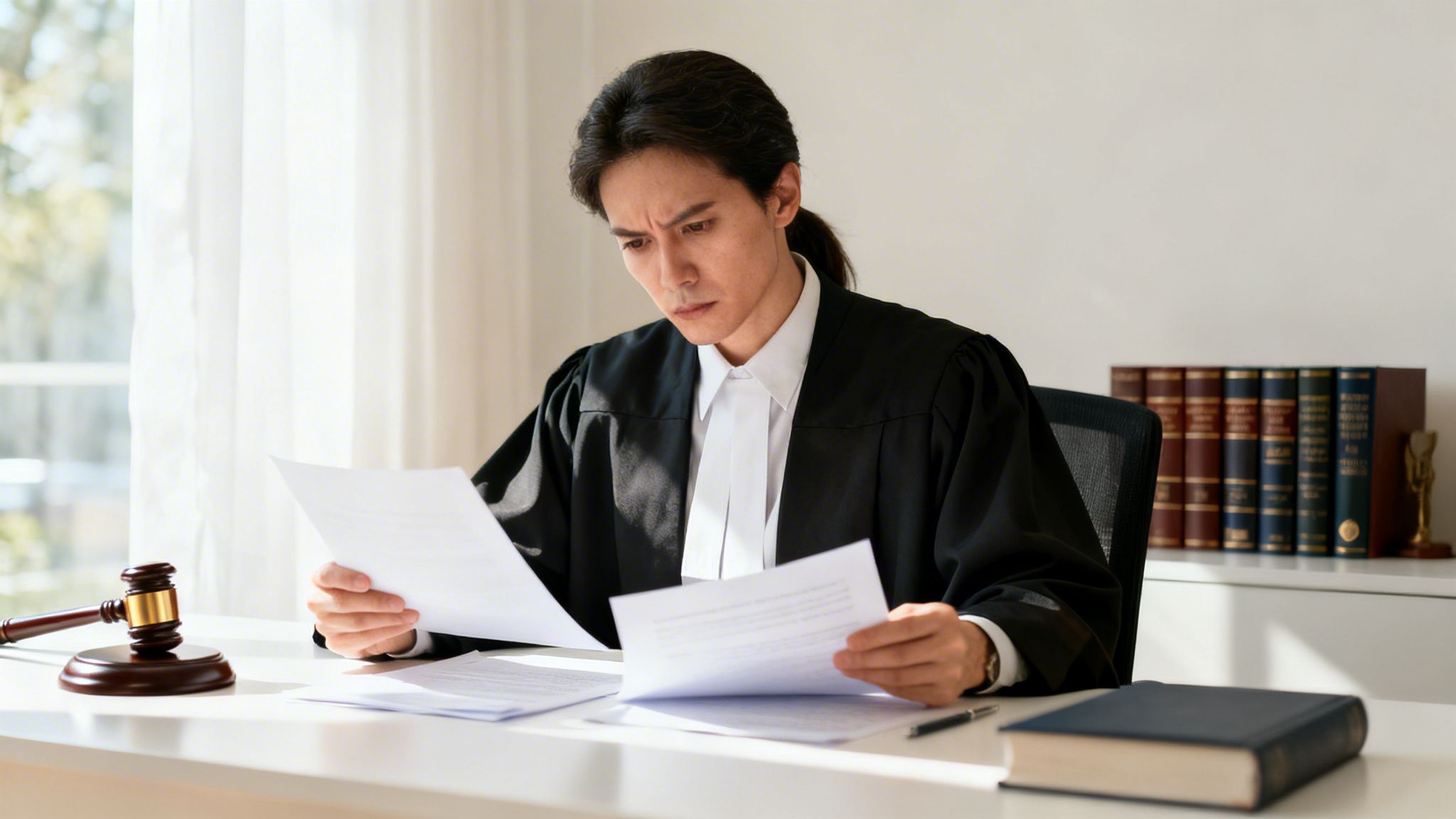 A professional judge wearing a black robe reads legal documents while seated at his desk in chambers.