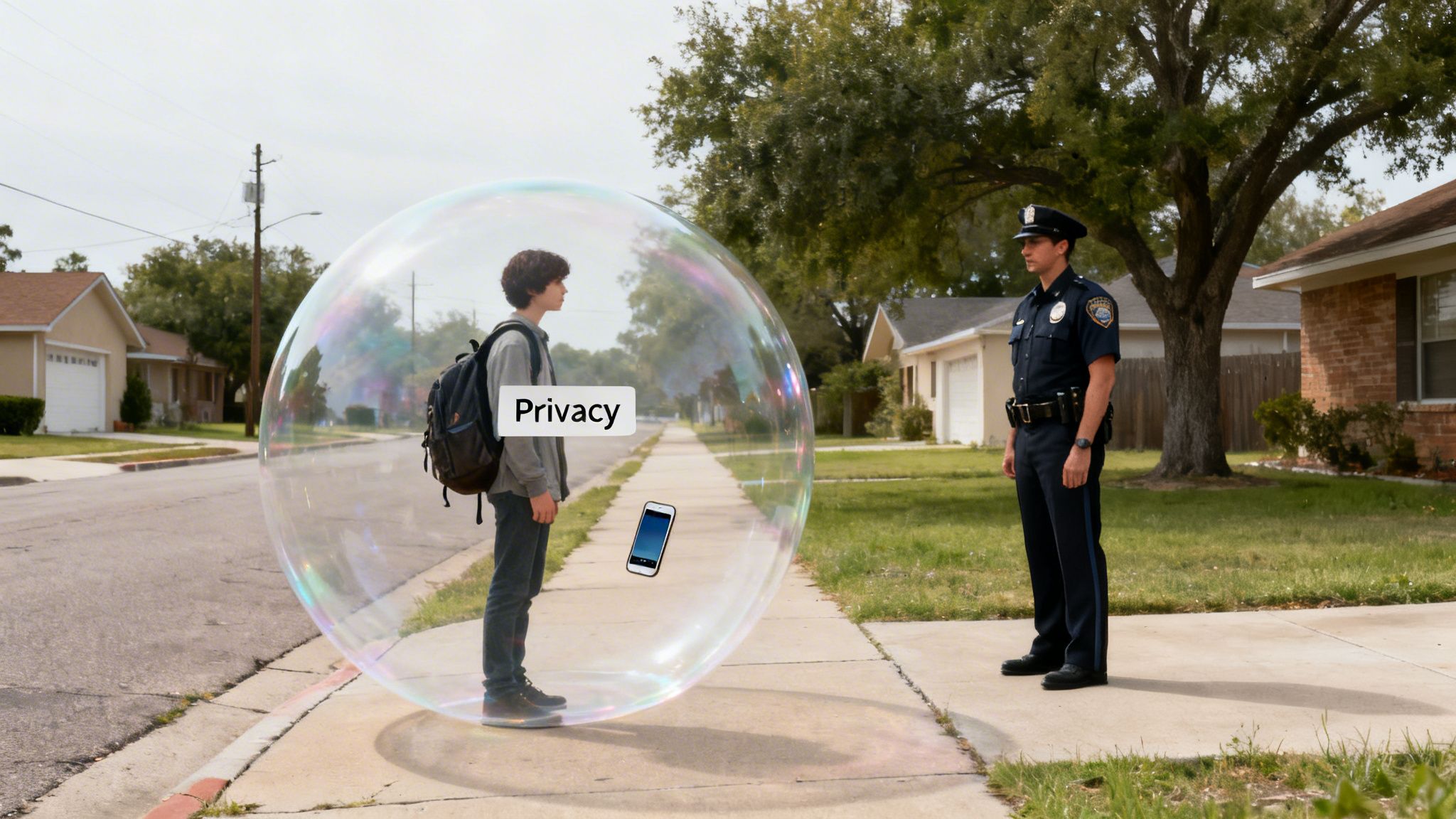 A young person in a large 'Privacy' bubble with a phone inside faces a police officer on a sidewalk.