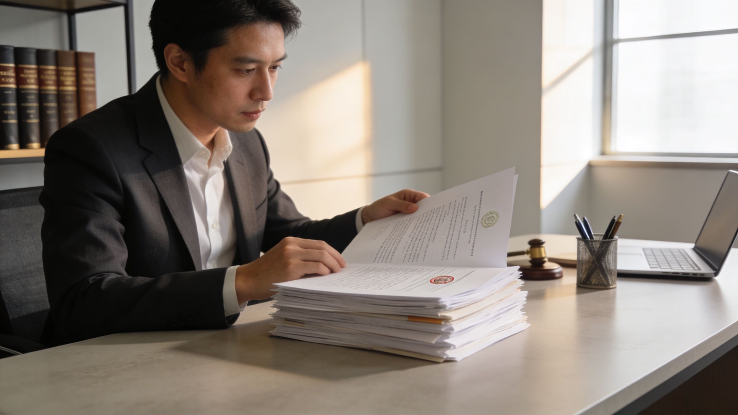 A professional lawyer wearing a suit reviewing legal documents at a desk in his office.