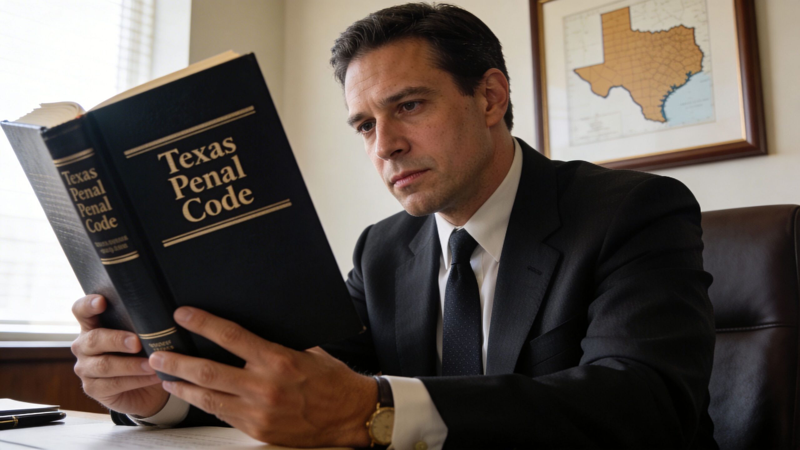 A professional man in a suit reading the Texas Penal Code book in an office setting.