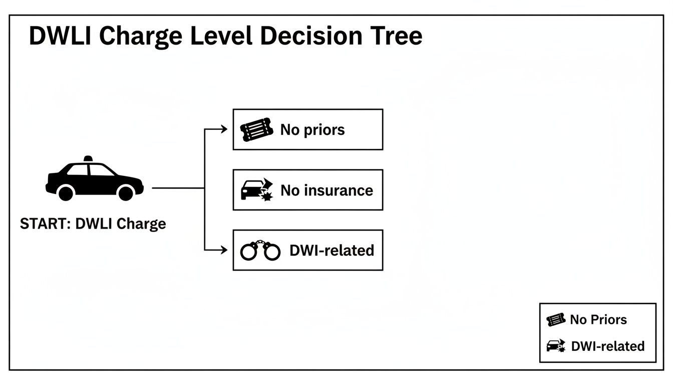 A decision tree illustrating DWLI charge levels based on conditions like no priors, no insurance, or DWI-related.