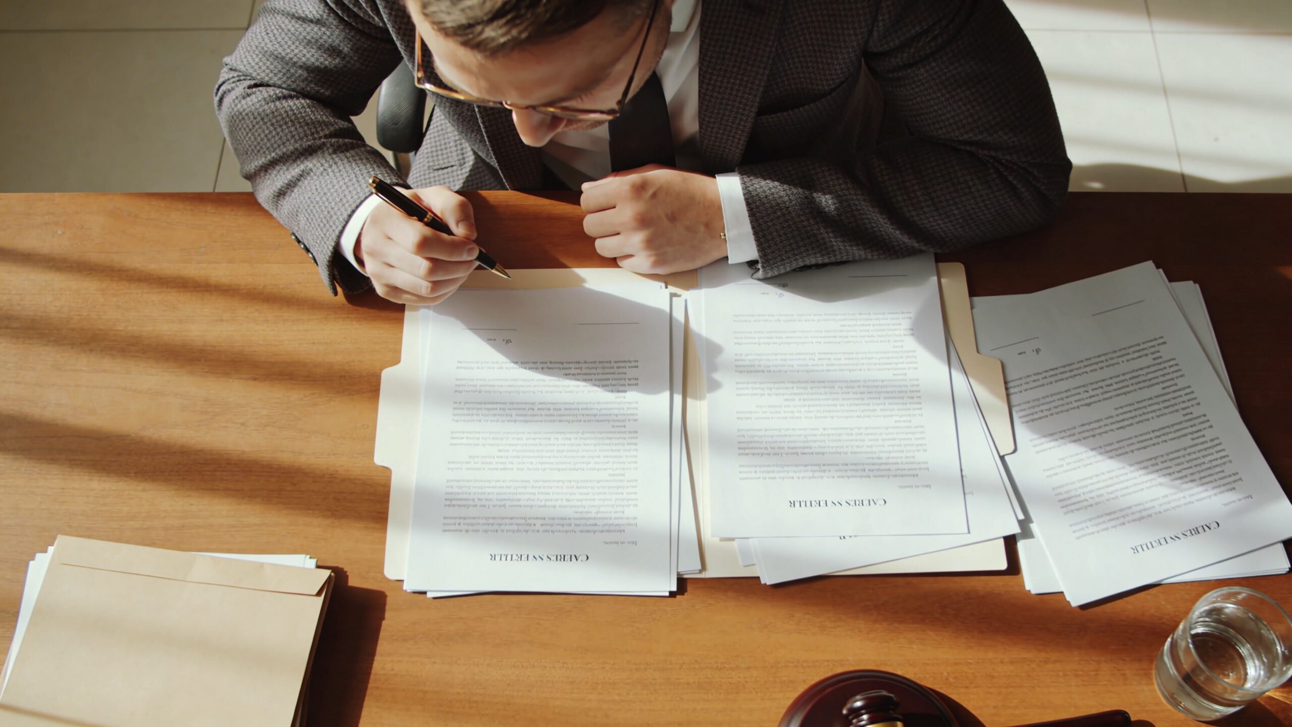 A professional man in a suit carefully reviewing and signing legal documents on a wooden office desk.