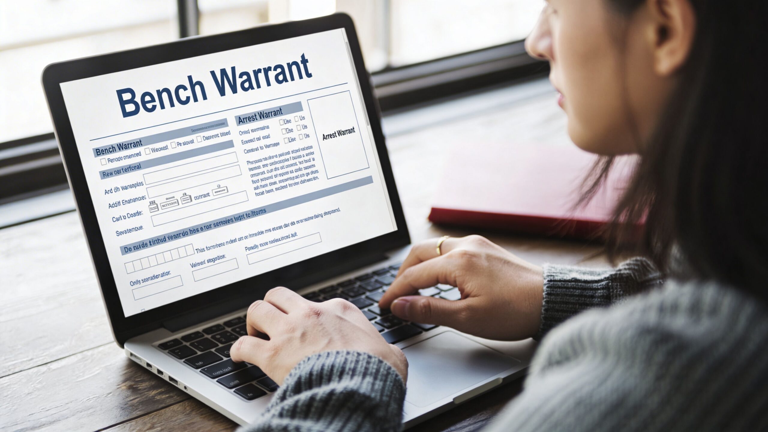 A person looking at a document labeled Bench Warrant on their laptop screen while sitting at a desk.