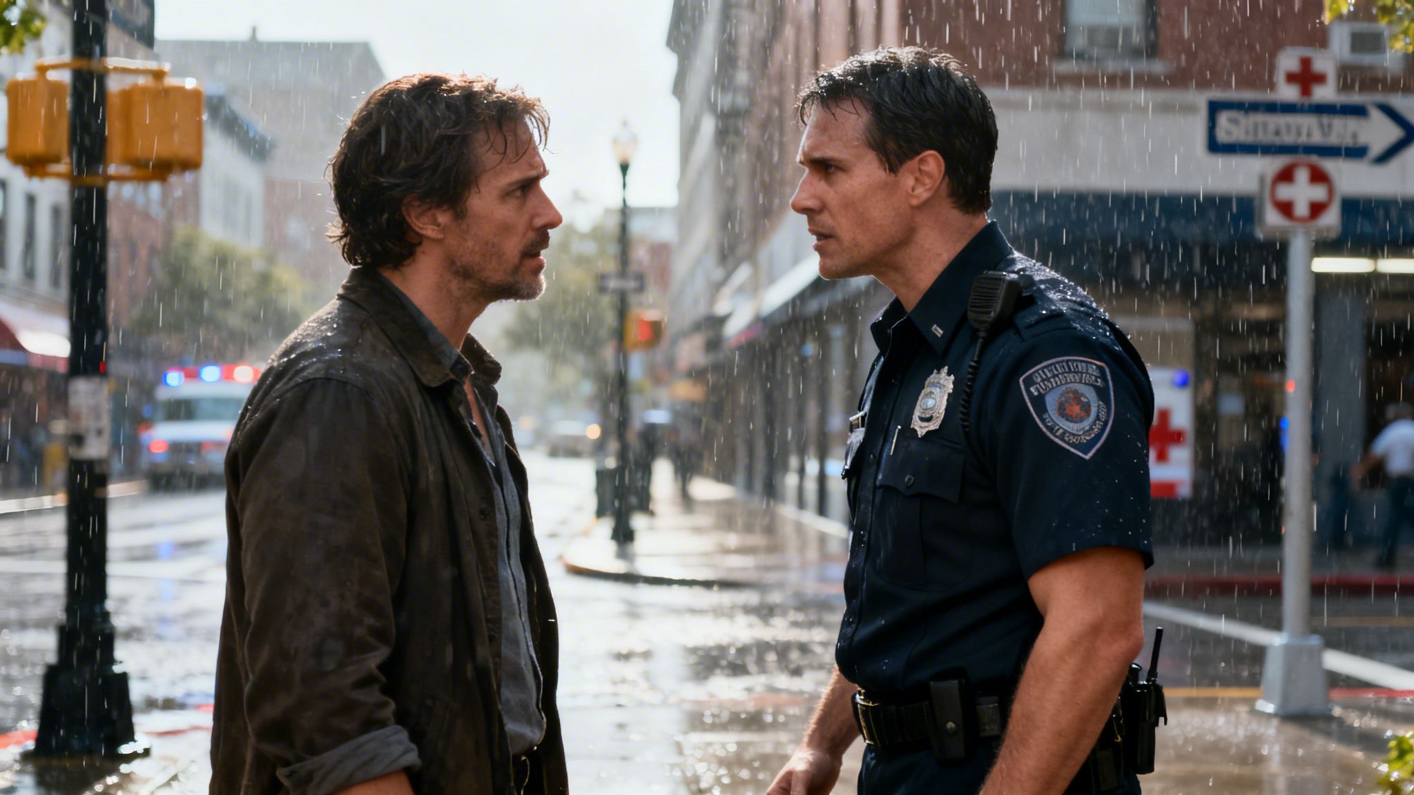 A man in a brown jacket confronts a uniformed police officer during a rainstorm on a city street.