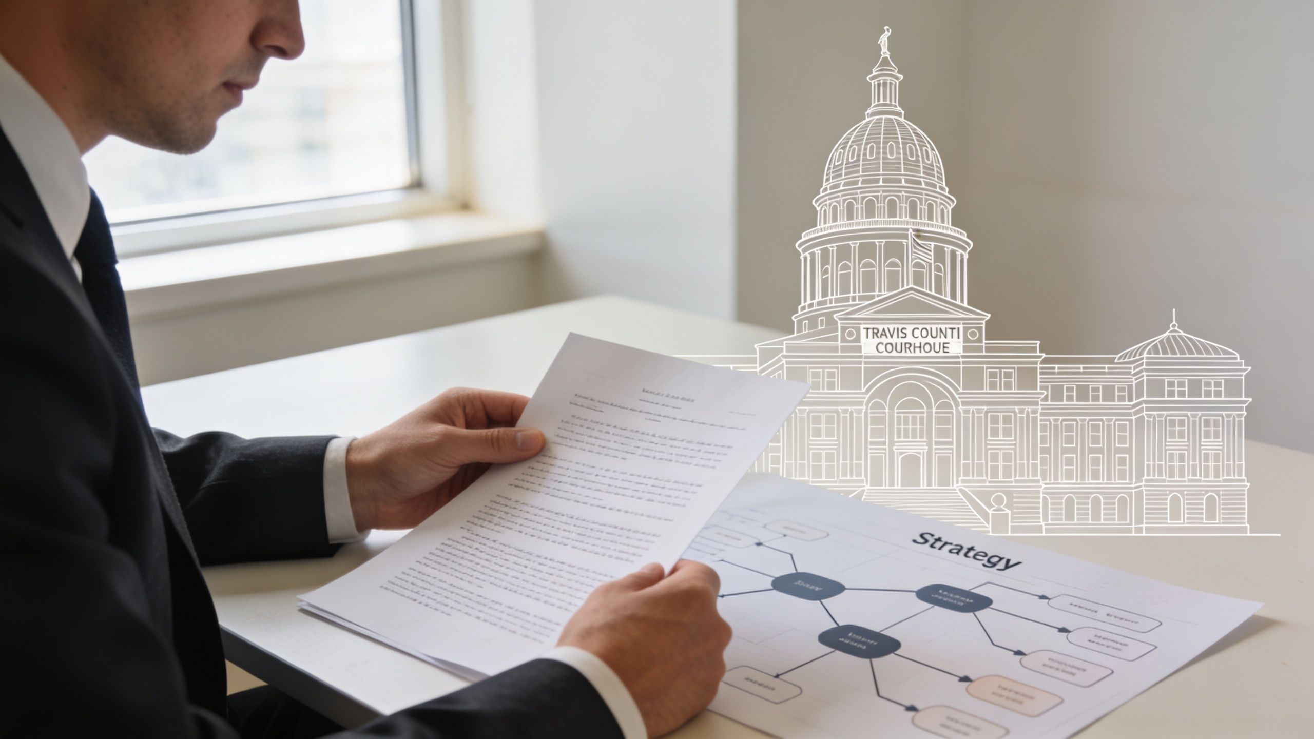 A professional attorney reviewing legal documents in an office with an overlay of the Travis County Courthouse.