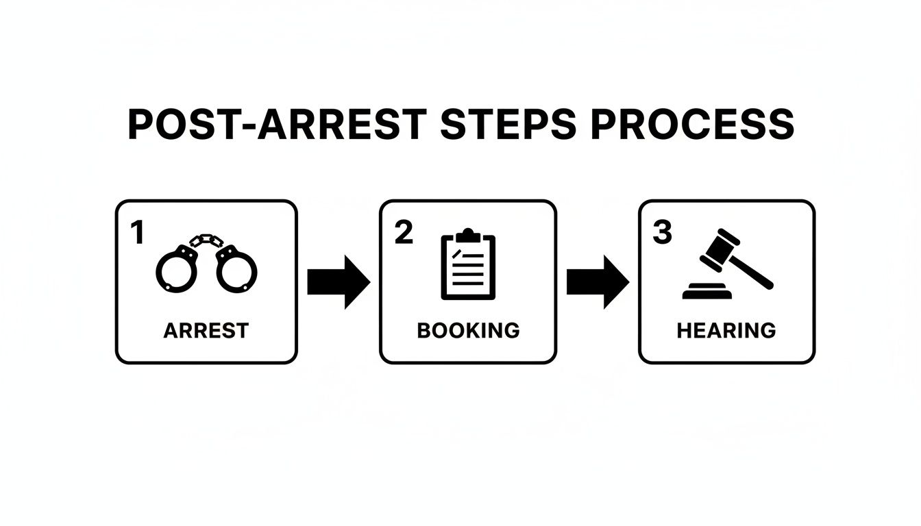 A flowchart illustrates the post-arrest process: arrest, booking, and hearing, with clear icons for each step.