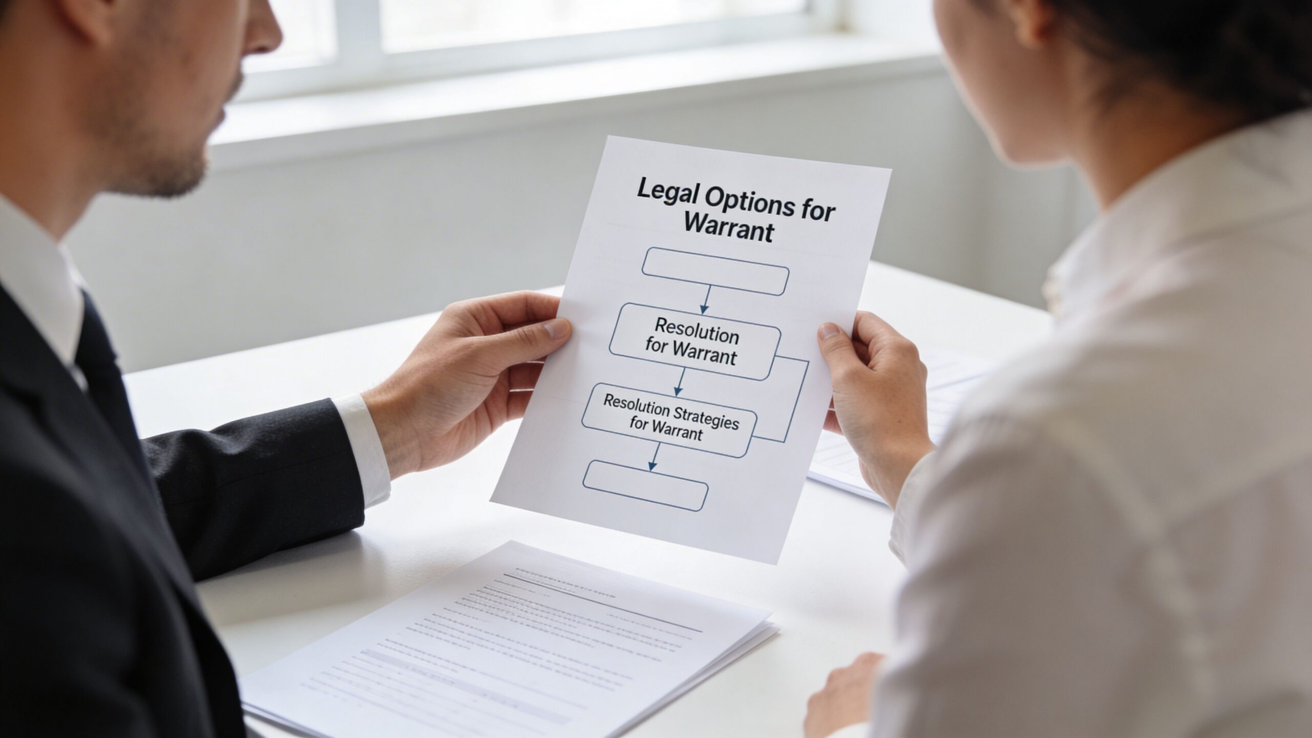 A professional lawyer presenting a flowchart about legal options for warrants to a client in office.