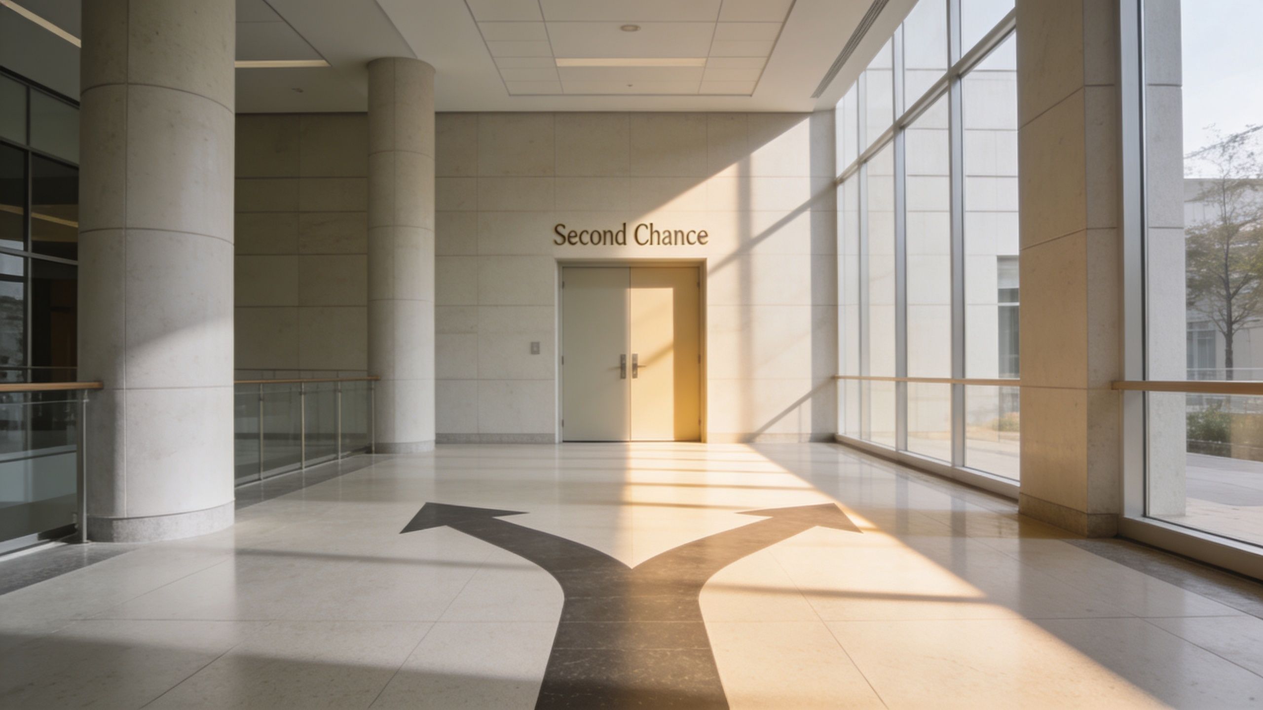 A modern corridor with a double door labeled Second Chance and a split path floor arrow.