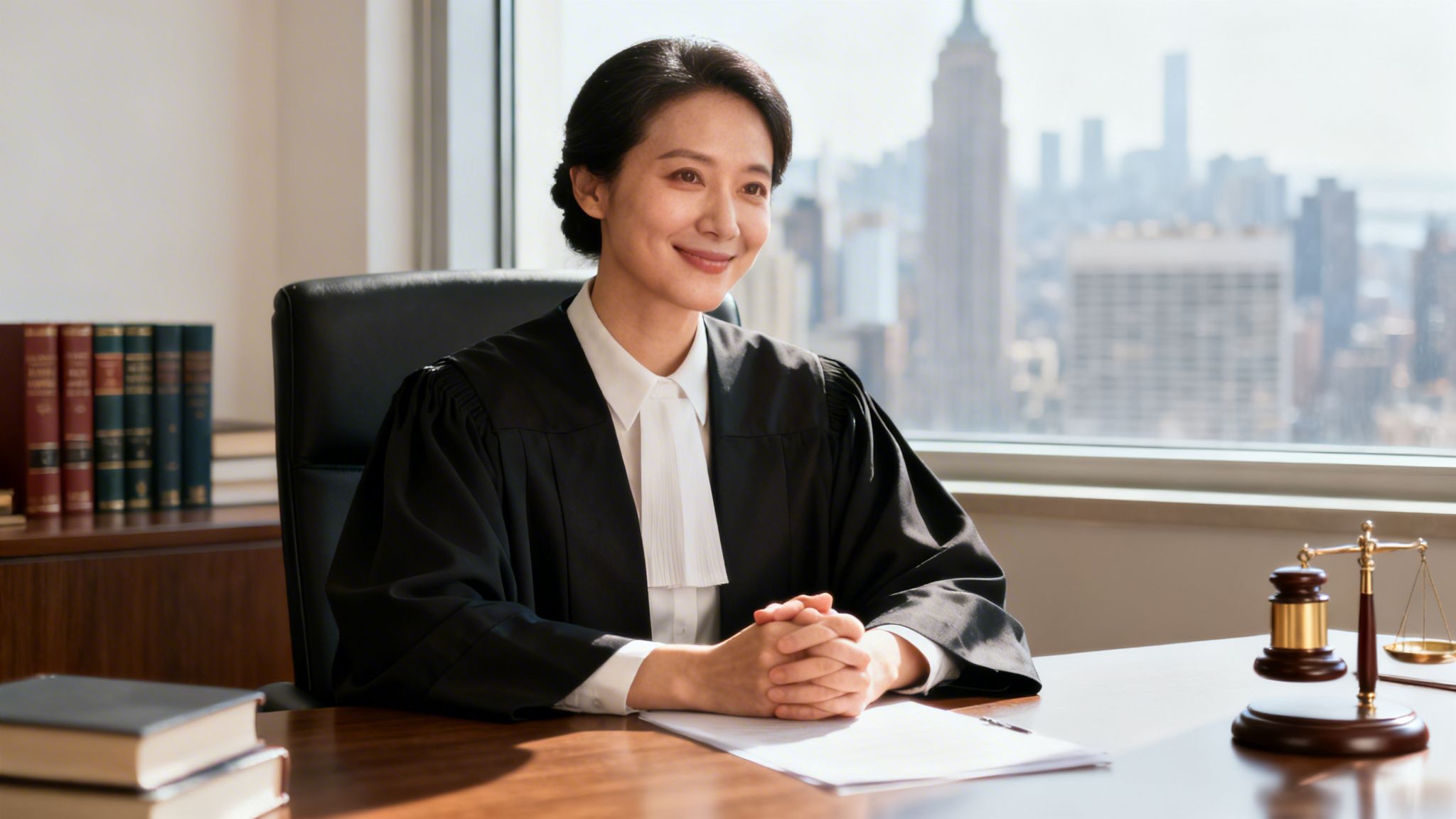 A smiling Asian female judge in a black robe sits at a desk with legal items and a city view.
