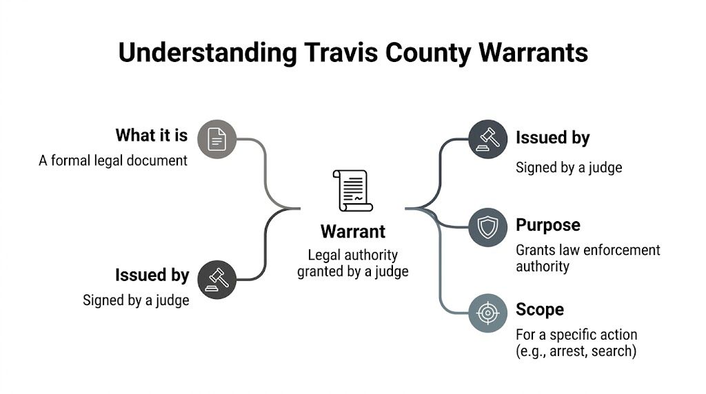 An infographic explaining that a Travis County warrant is a legal document issued and signed by a judge.