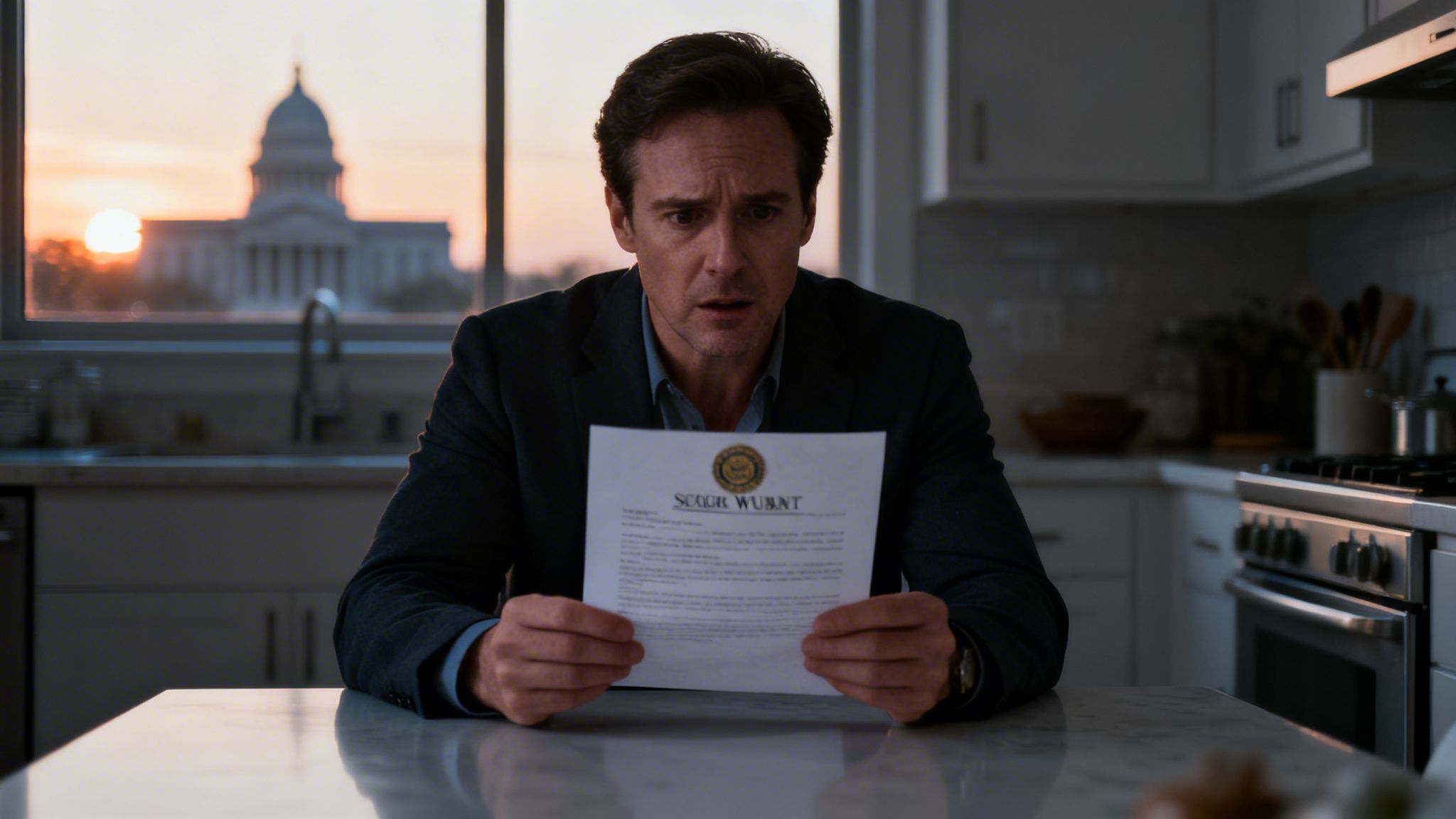 A man in a suit looks shocked while reading a document in a kitchen with a capitol building visible at sunset.