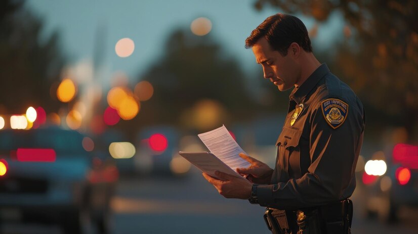 criminal law, police officer stands street with document his hand