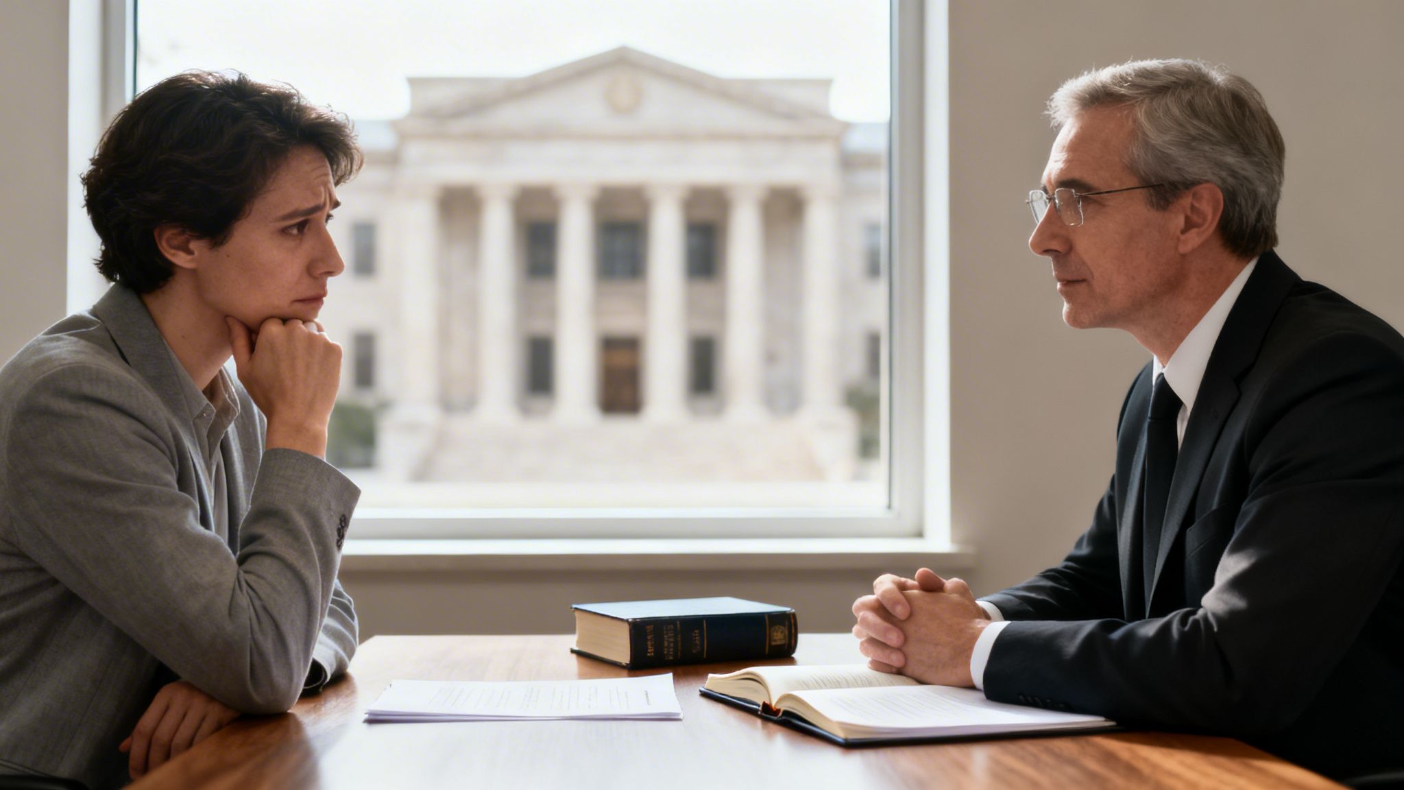 A client and lawyer in serious discussion, with a courthouse visible through the window.