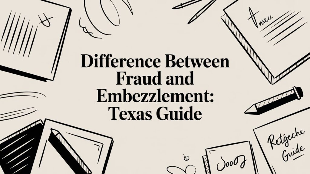 Difference Between Fraud and Embezzlement: Texas Guide graphic with notes and pens, representing legal concepts in white-collar crime.