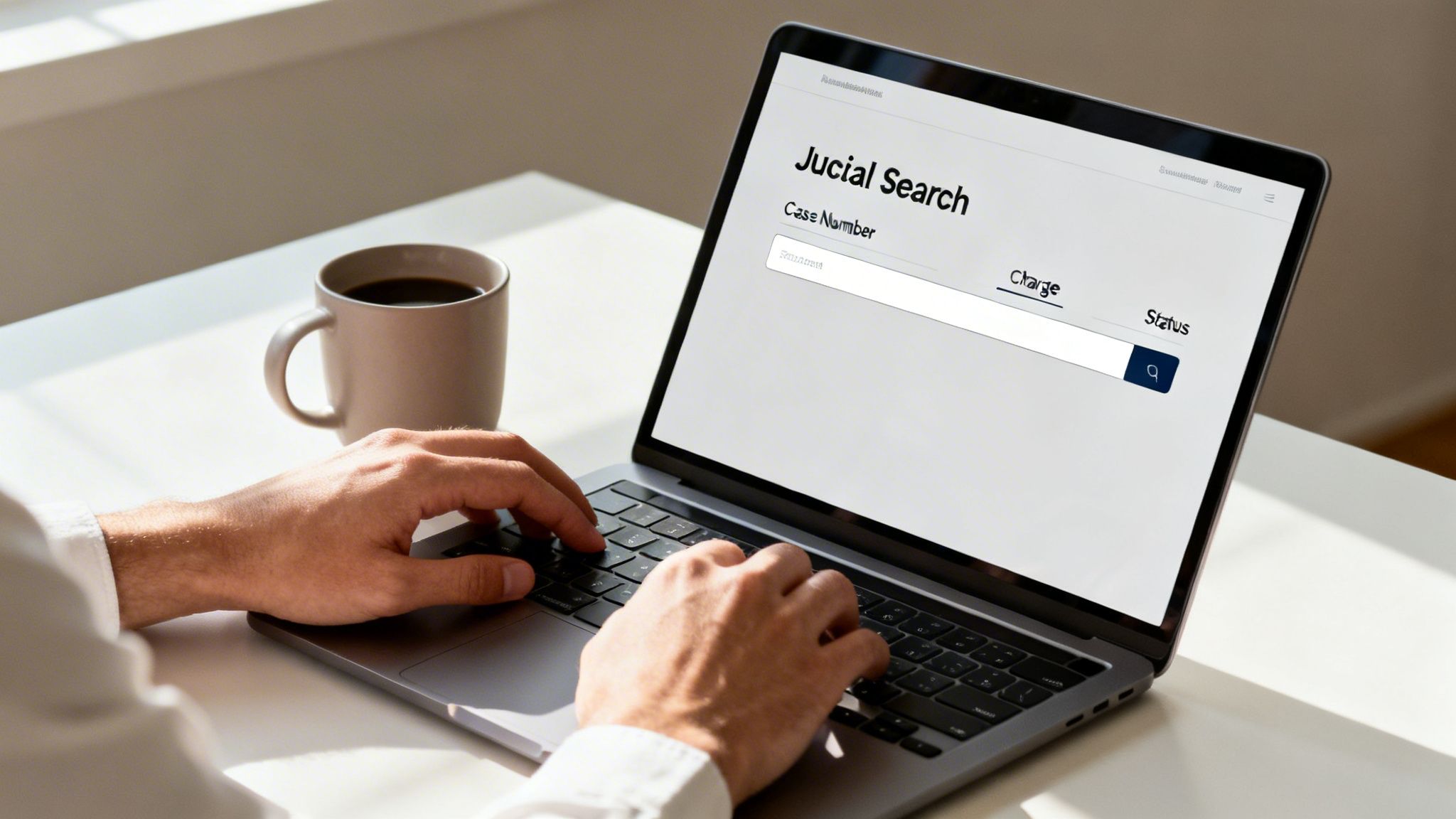 Close-up of a person typing on a laptop displaying a 'Judicial Search' interface, next to a coffee mug.