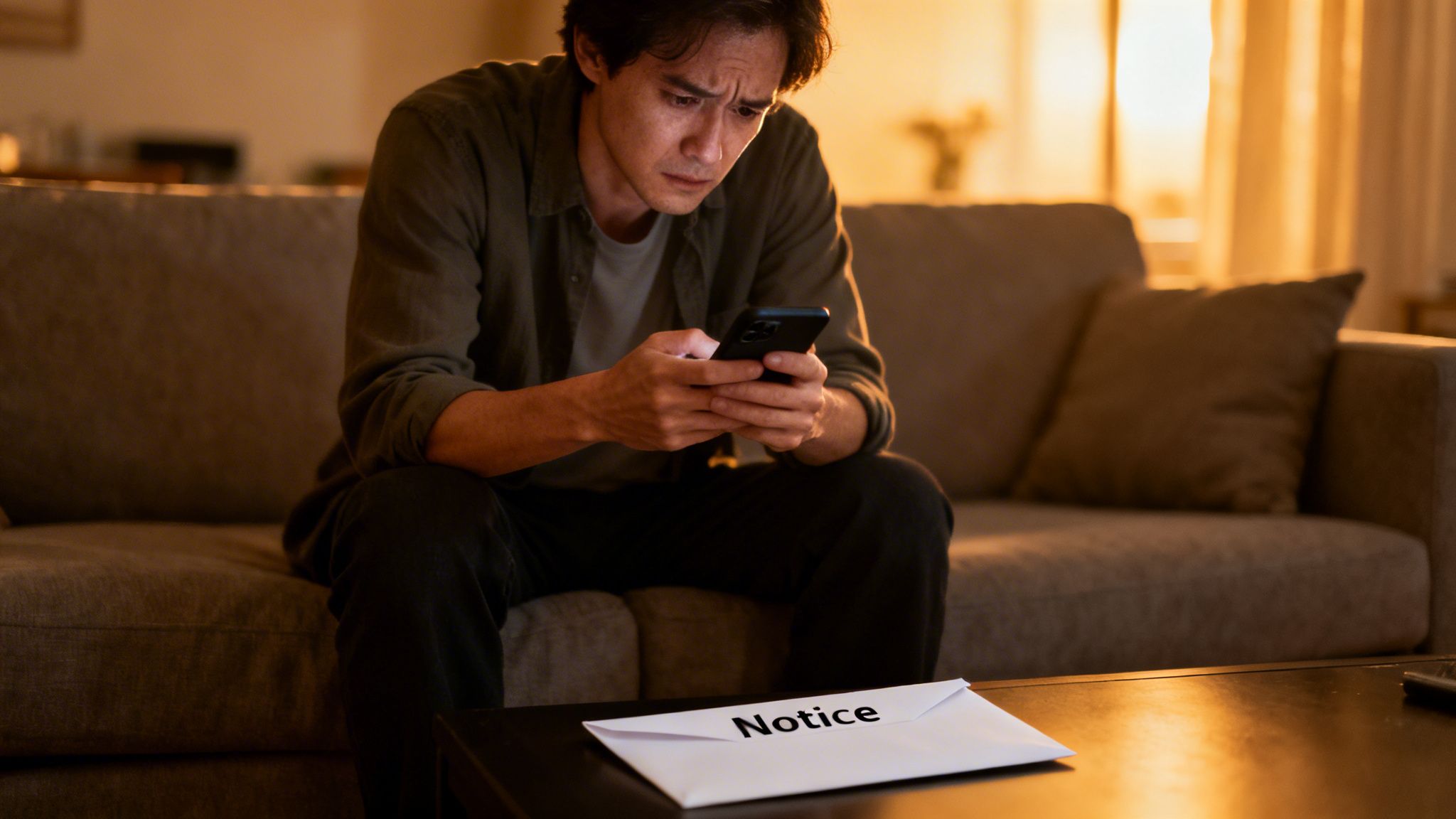 Distressed man on a sofa checking his phone, with a 'Notice' envelope on the table.