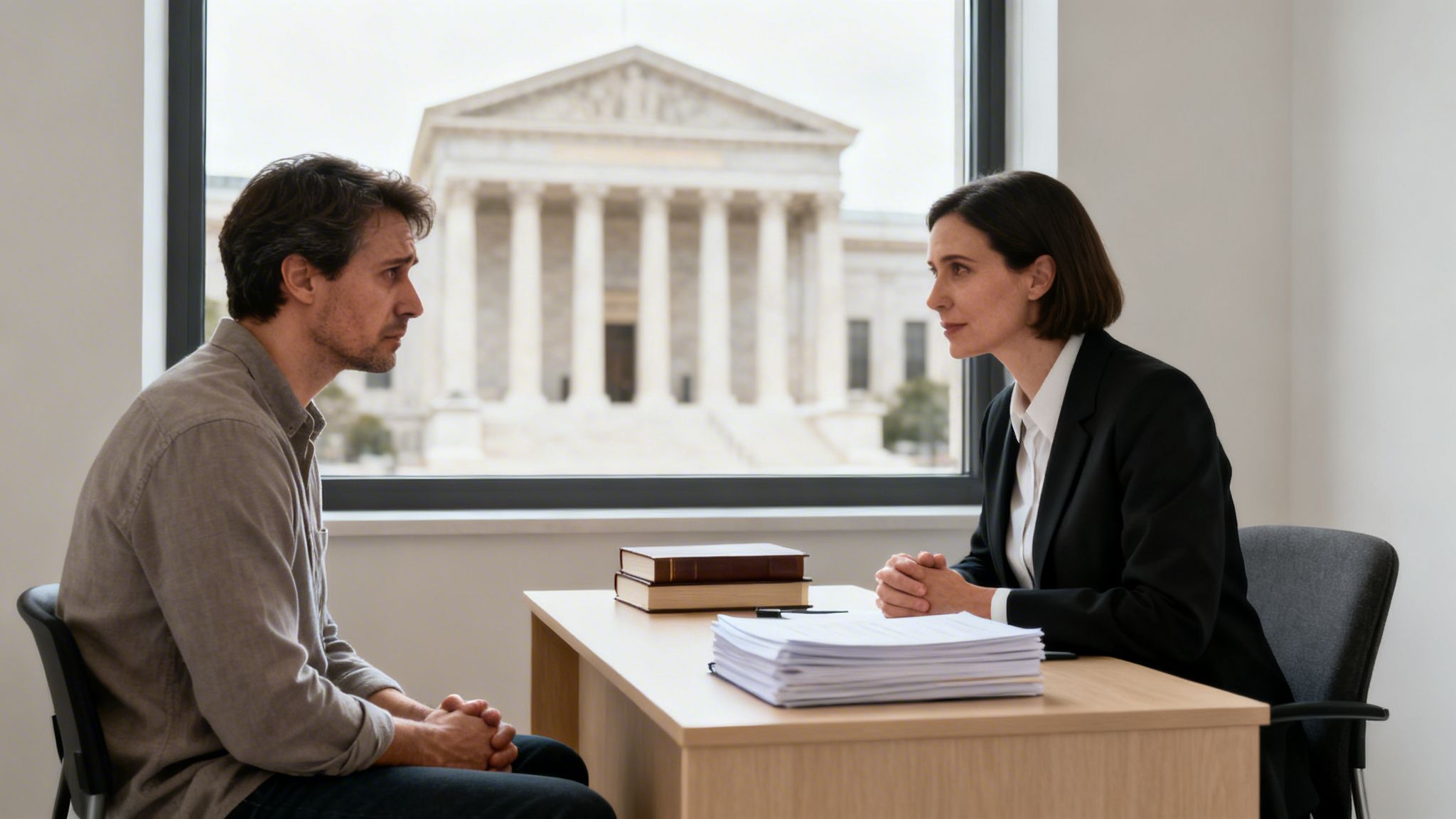 A serious man consults with his attentive female lawyer in an office, courthouse visible outside.