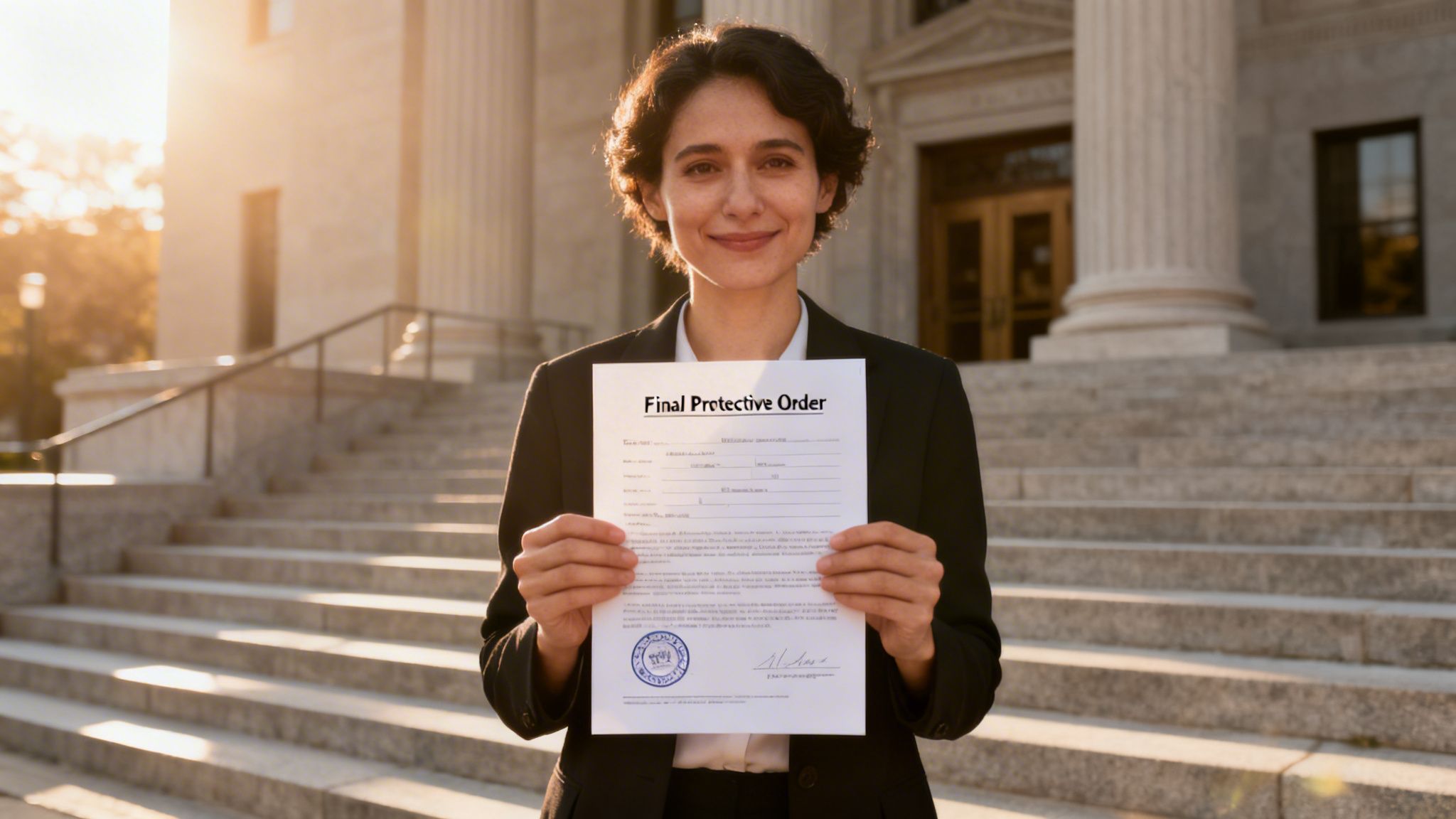 A smiling woman in a business suit holds a 'Final Protective Order' in front of a courthouse at sunset.