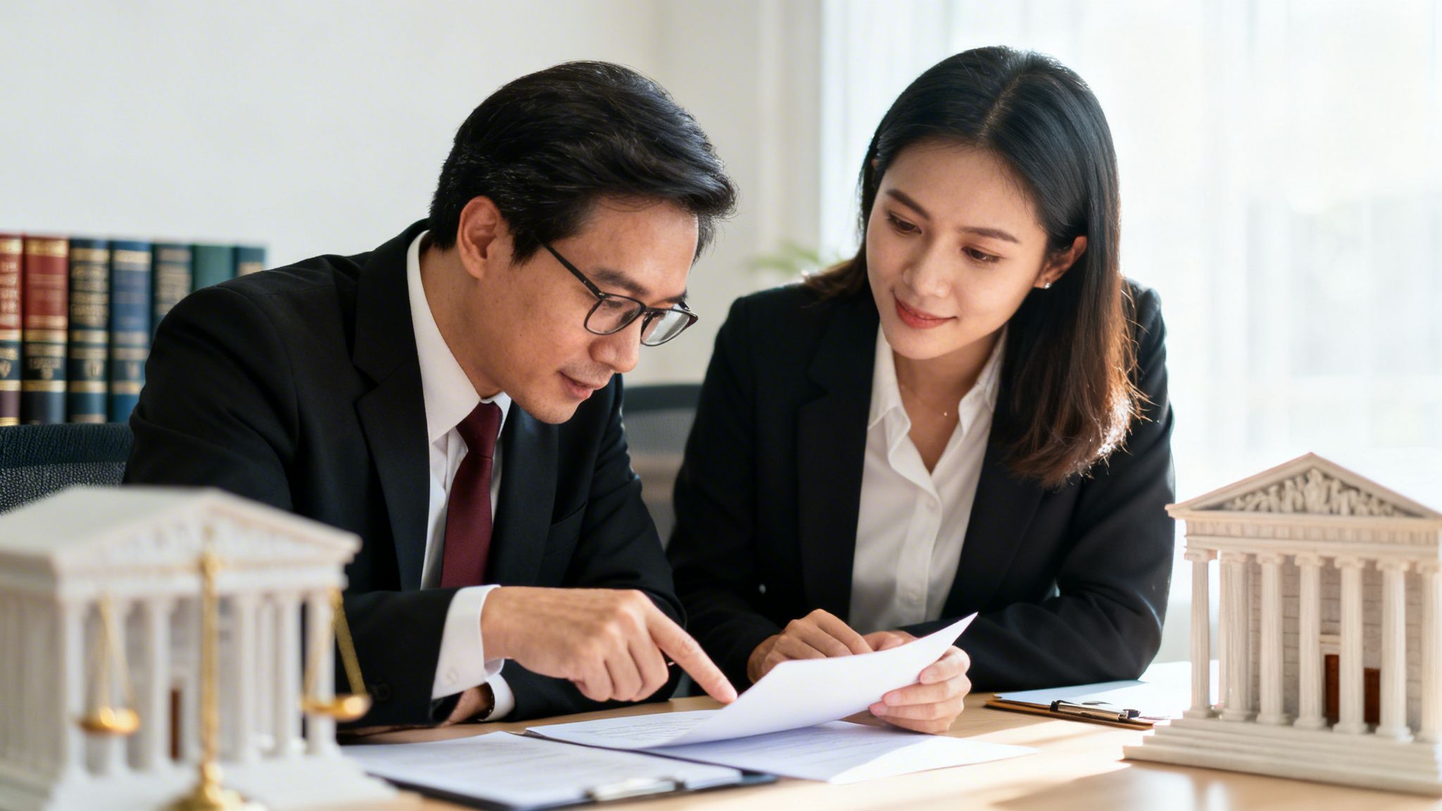 Two legal professionals review documents at a desk, surrounded by law books and justice models.