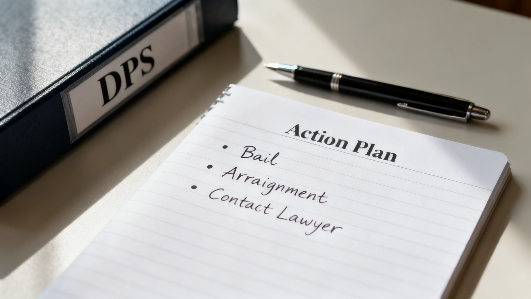An action plan for legal matters showing items like bail, arraignment, and contacting a lawyer, next to a DPS binder.