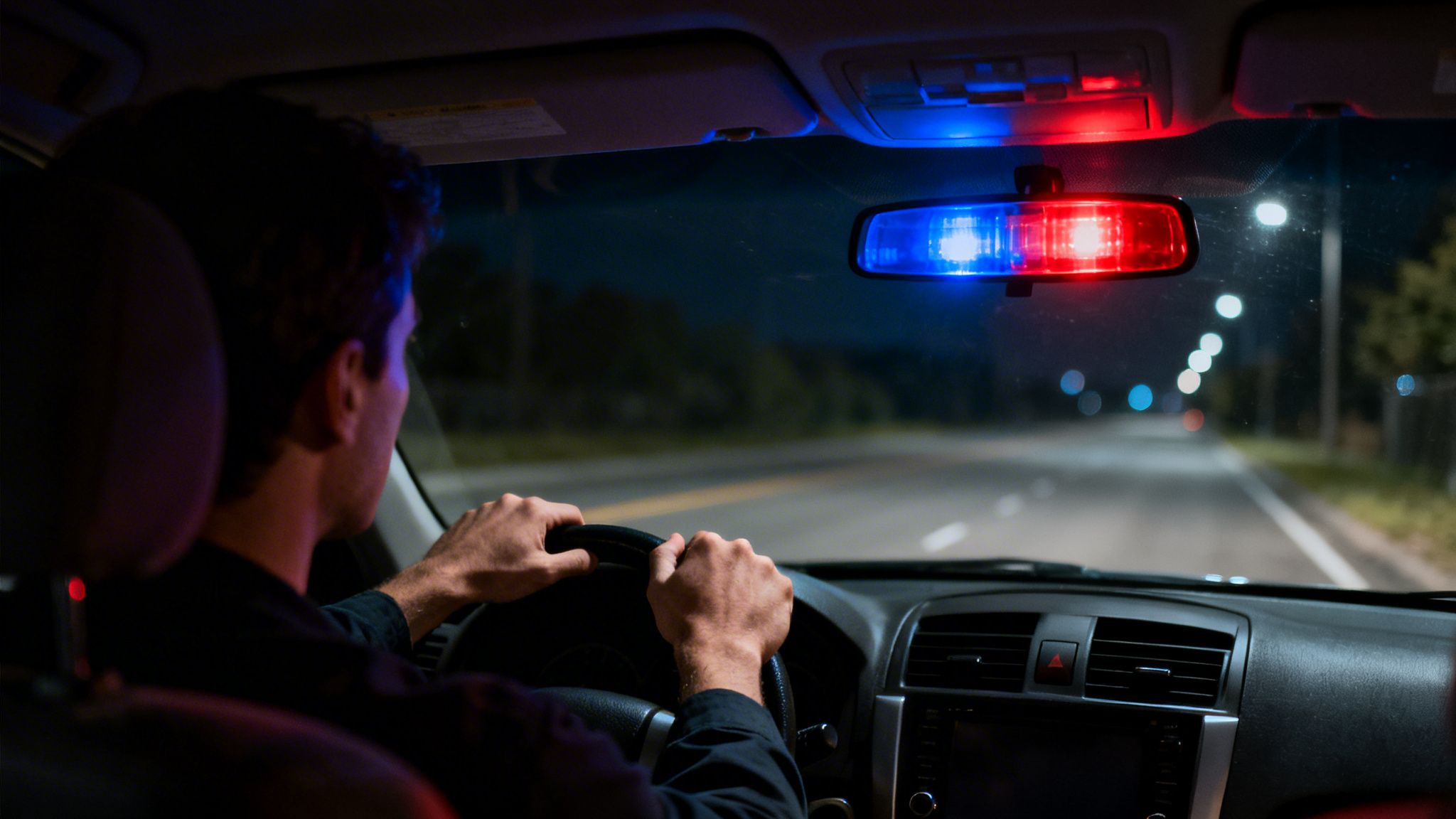 Driver's view from inside a car at night, with police lights flashing in the rearview mirror.