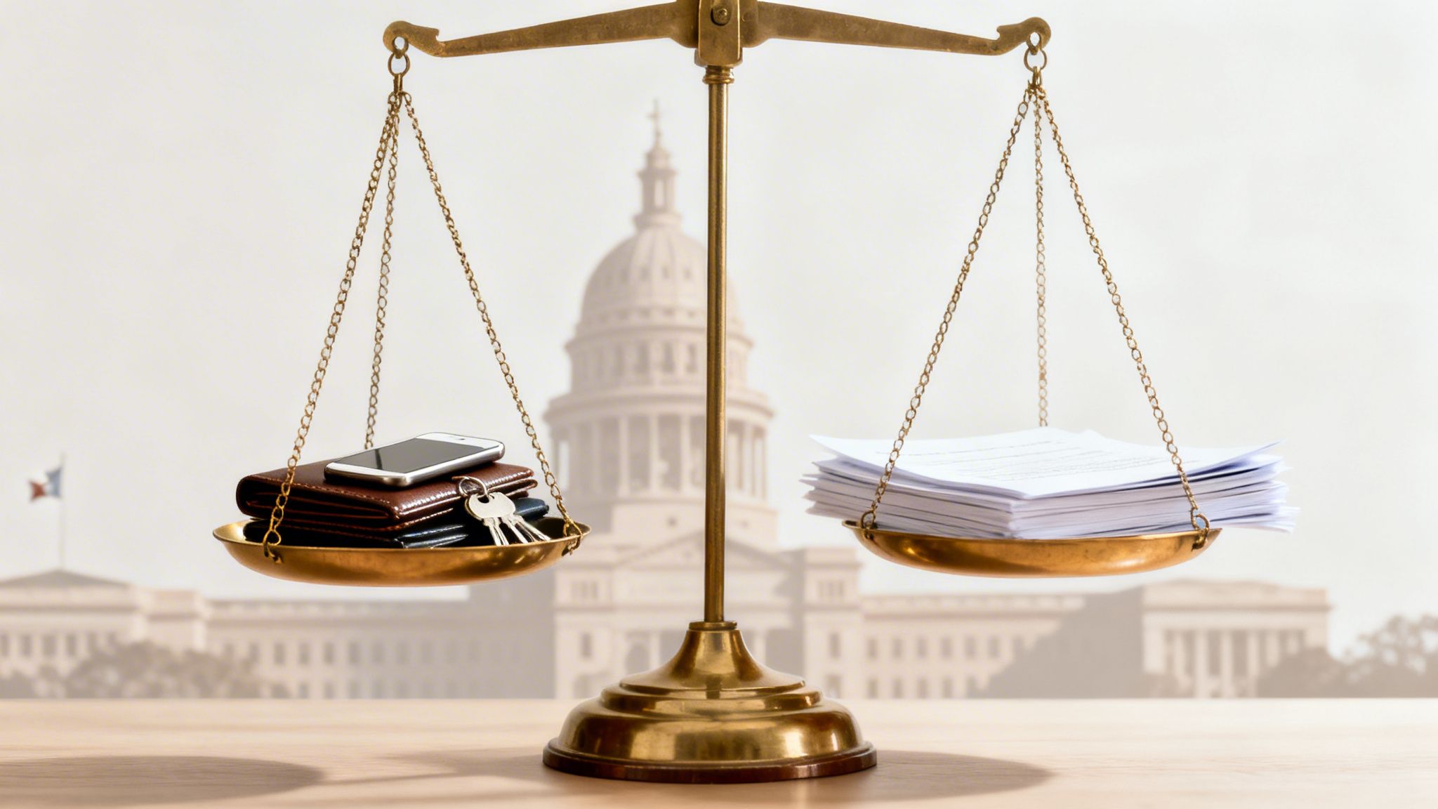 A brass scale balancing personal items like a phone and keys against a large stack of legal documents, with a capitol building in the background.