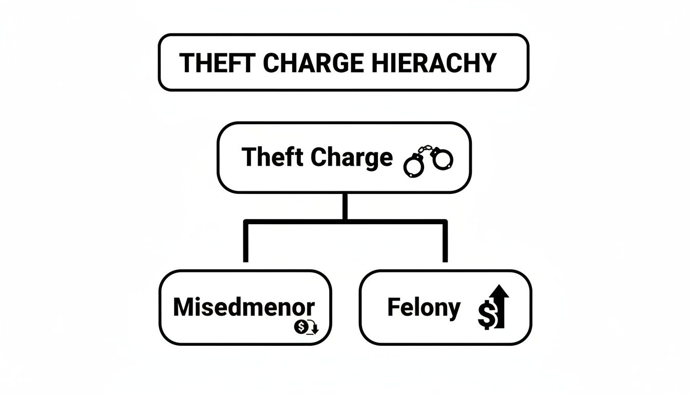 Flowchart showing the hierarchy of theft charges, categorizing them into misdemeanor and felony offenses.
