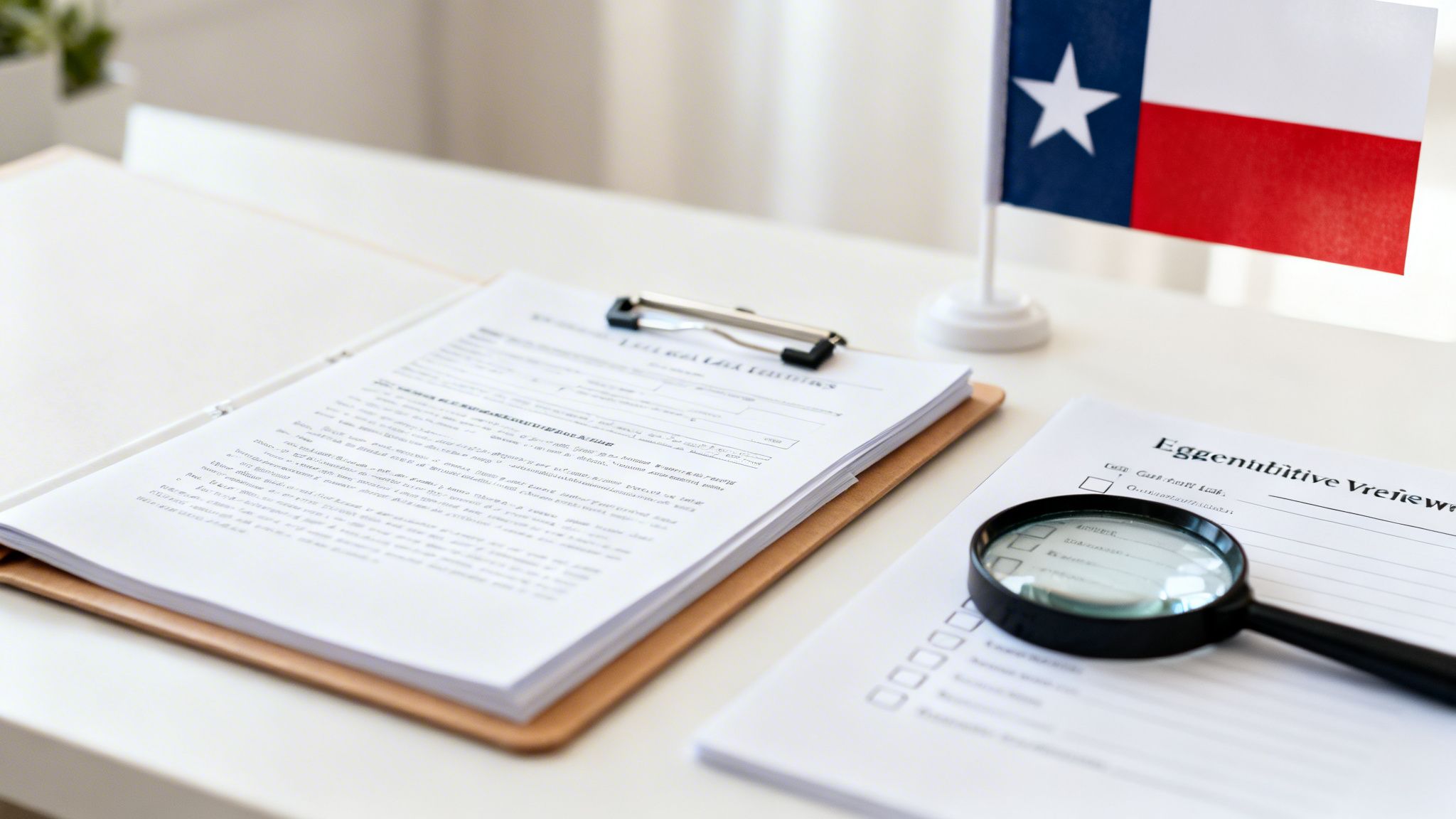 Desk with legal documents, a magnifying glass, and a small Texas flag.