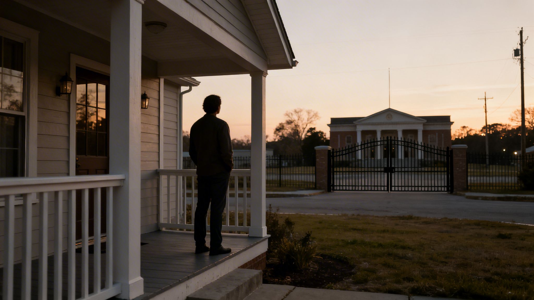 Silhouetted man on a porch at dawn, observing a grand building with a closed gate.