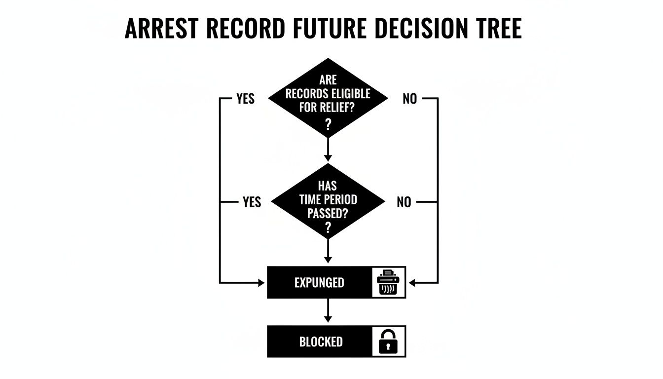 Flowchart illustrating the decision process for expunging or blocking arrest records based on eligibility and time.