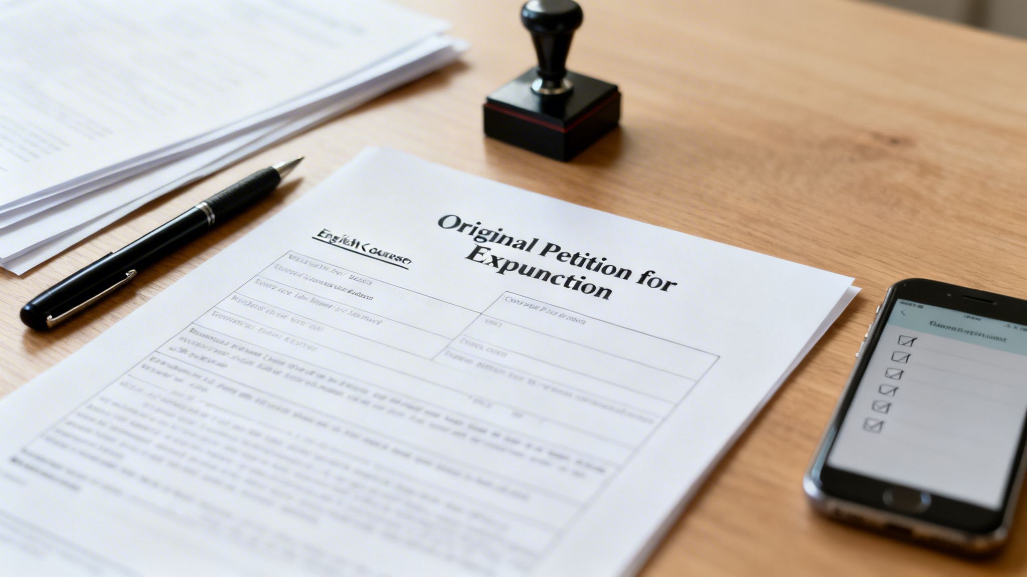 A document titled 'Original Petition for Expunction' with a pen, stamp, and phone on a wooden desk.