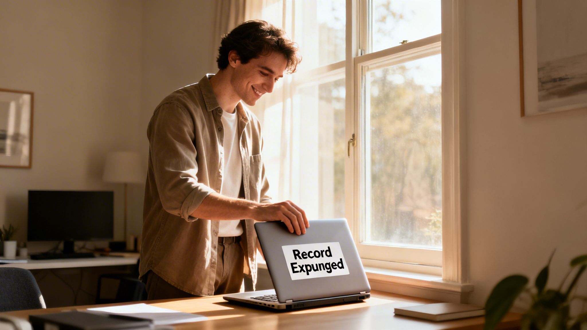 Smiling man expunging a record on a laptop, standing happily in a sunlit room.