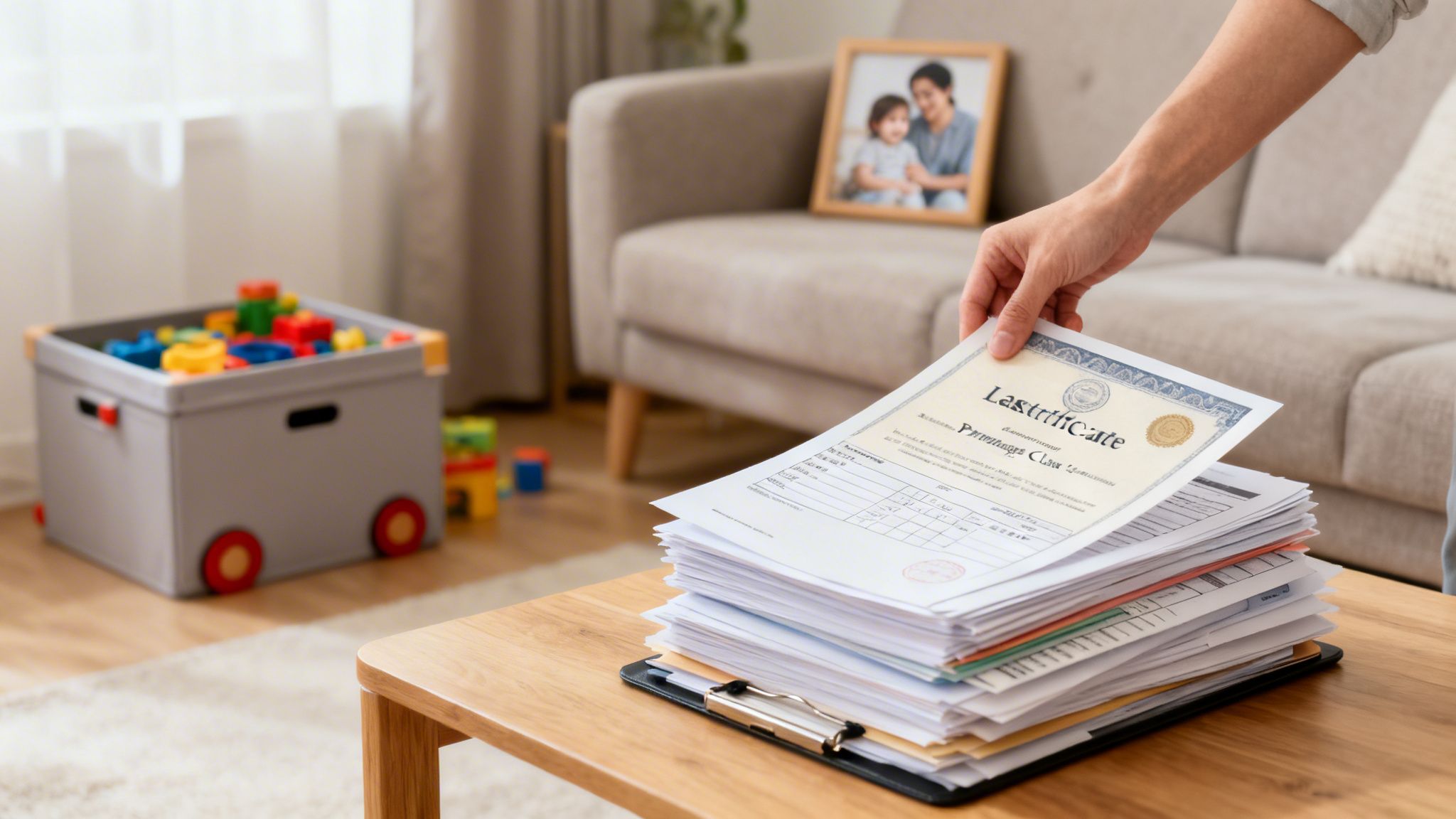 A hand places a certificate on a large stack of documents in a home living room.