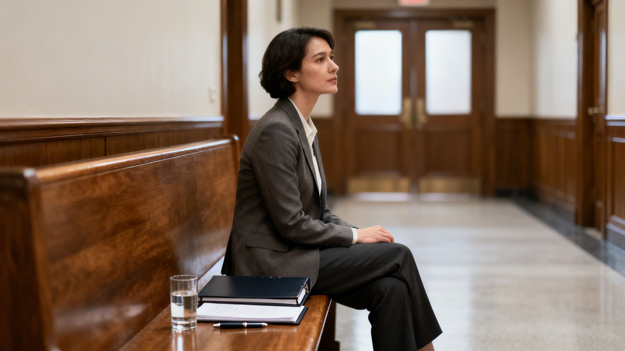 A professional woman in a grey suit sits on a wooden bench in a courthouse hallway, looking reflective.