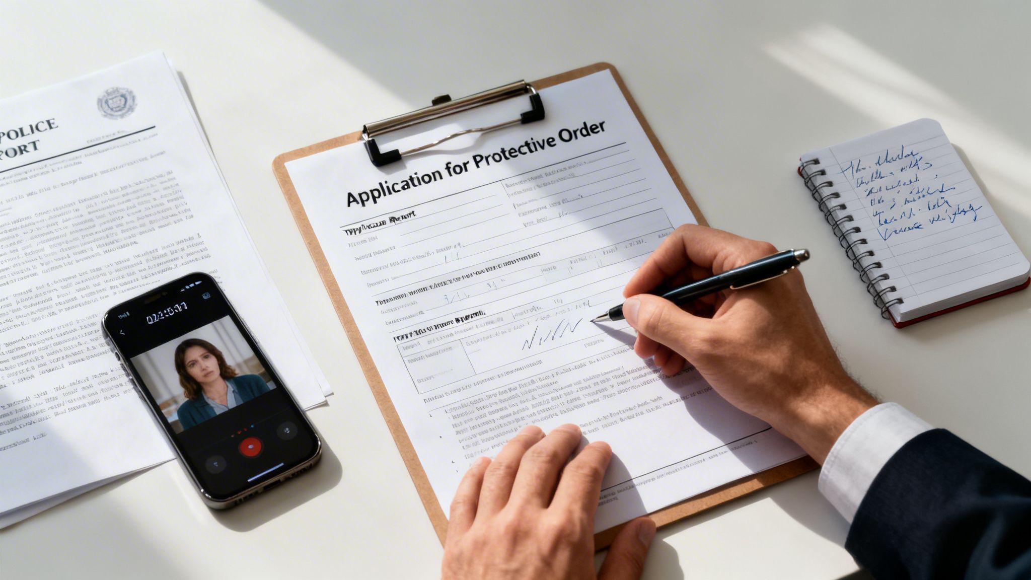 A person's hands filling out an application for a protective order, with a police report and a video call on a smartphone nearby.