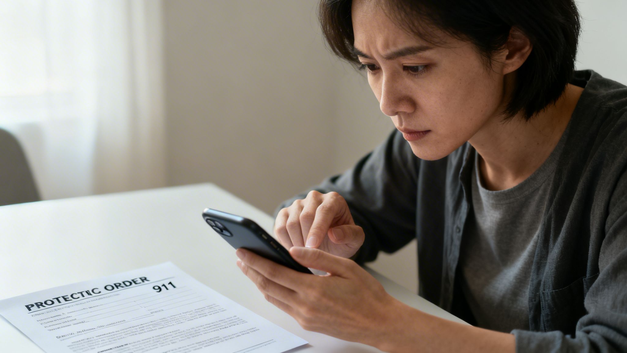 A concerned woman reviews a protective order document while using her smartphone.