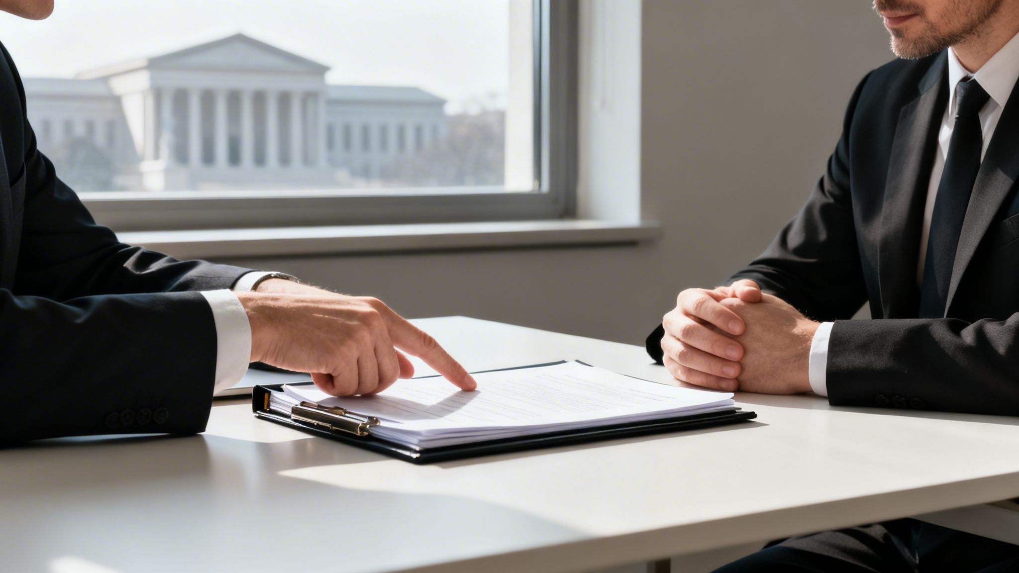 Two men in suits discuss a legal document at a desk with a classical building in the background.