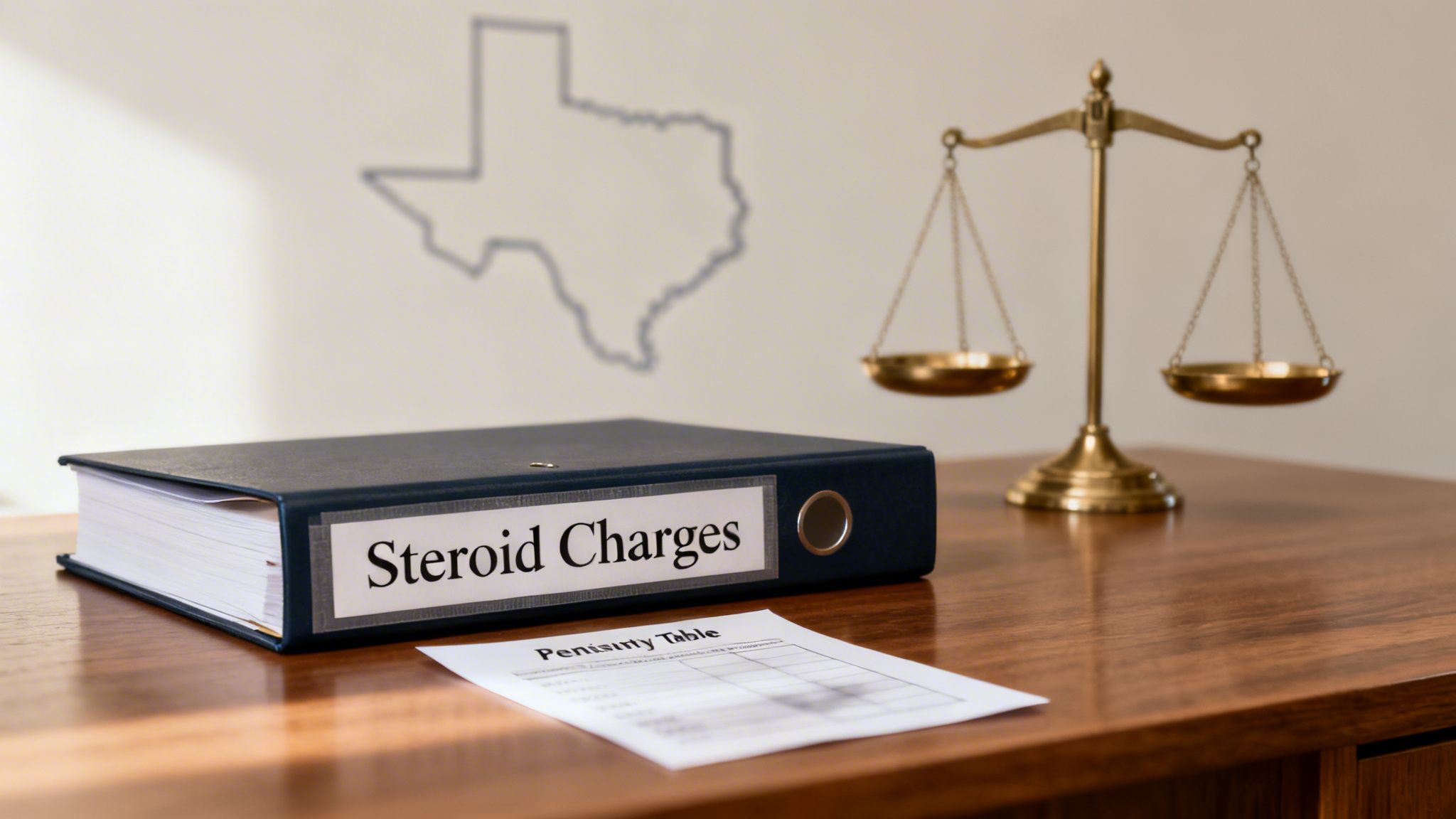 A binder labeled 'Steroid Charges' on a desk with a Texas map and scales of justice.