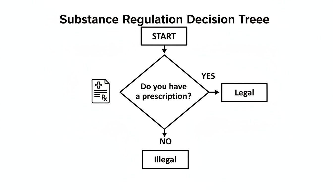 Flowchart illustrating substance regulation: a prescription determines if a substance is legal or illegal.
