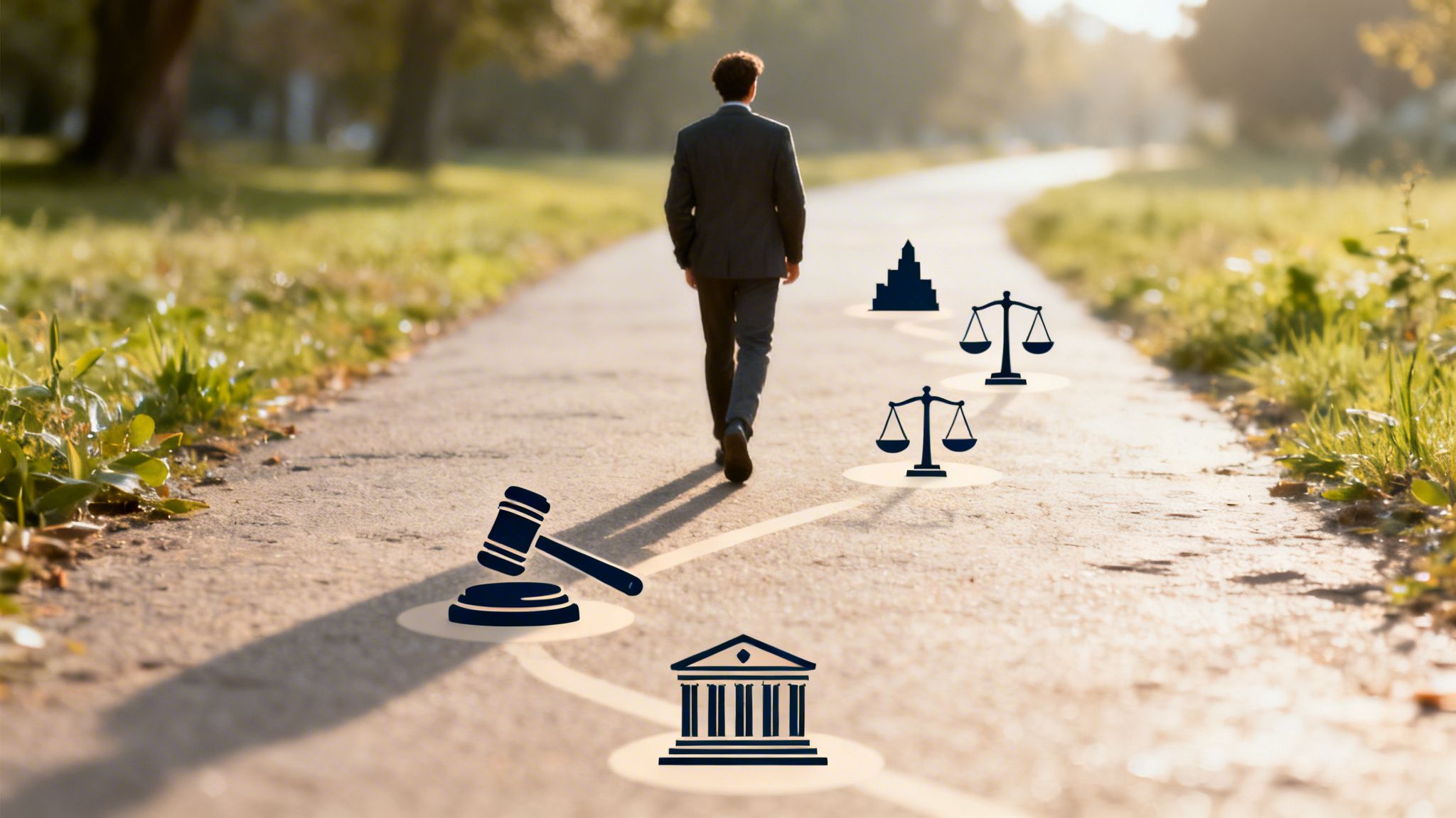 A businessman walking away down a path with legal icons symbolizing justice, law, and court systems.
