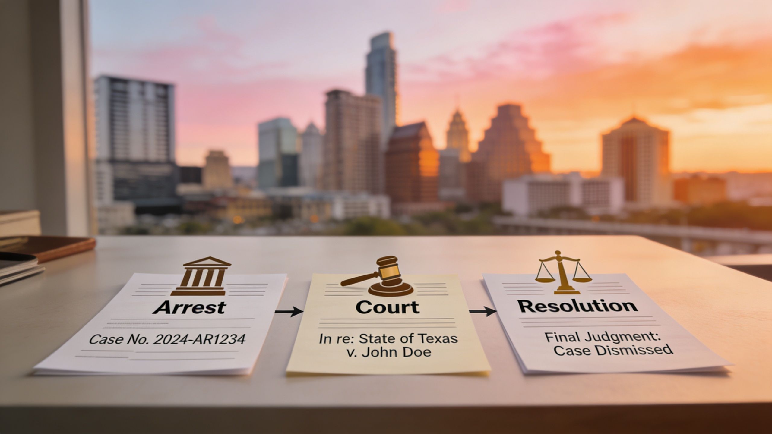 A legal process flow chart showing arrest, court proceedings, and final dismissal against a sunset city backdrop.