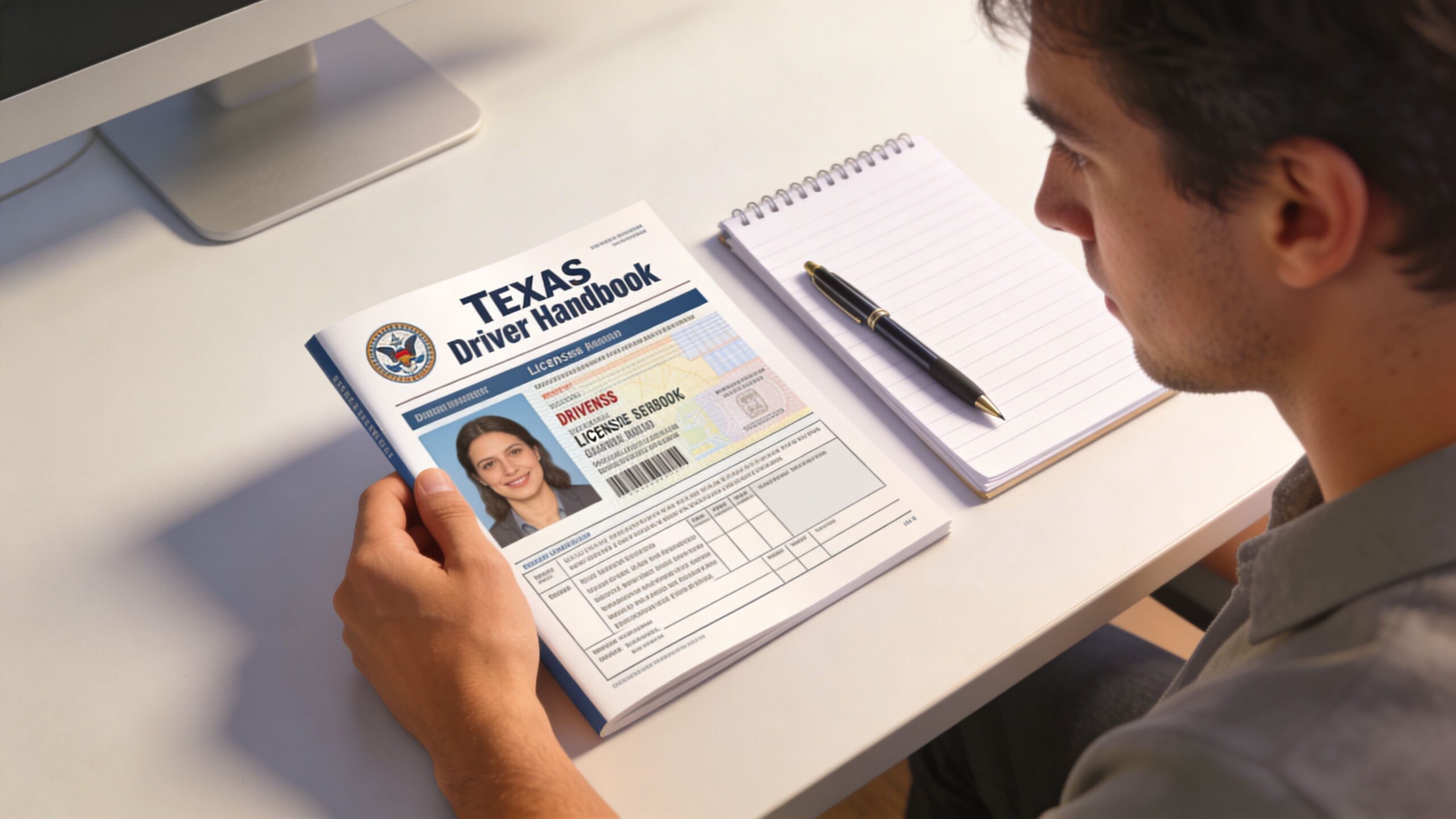 A man studying a Texas driver handbook on a white desk with a notepad and pen.