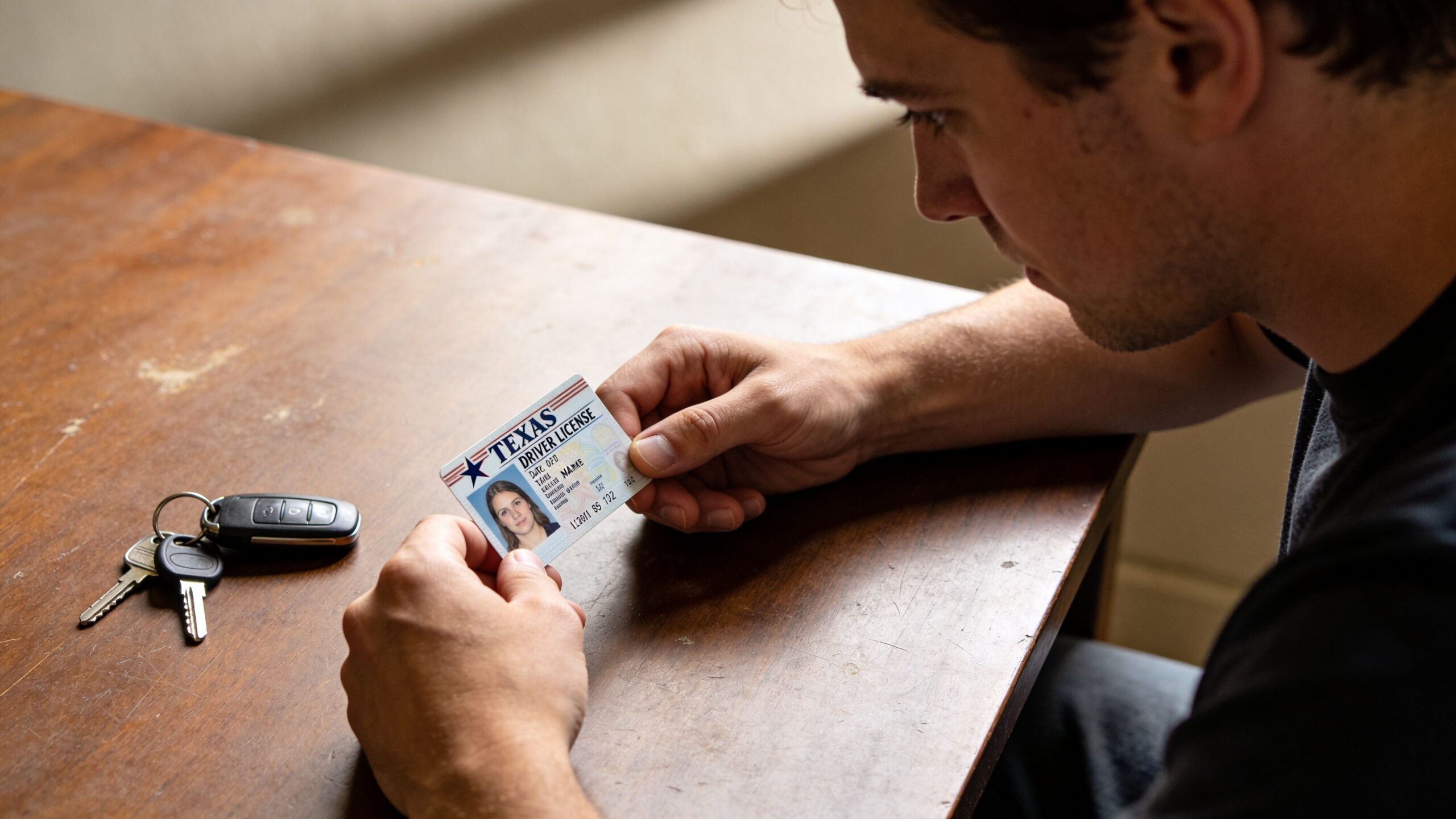 A man sitting at a wooden table holds a Texas driver license card near car keys.