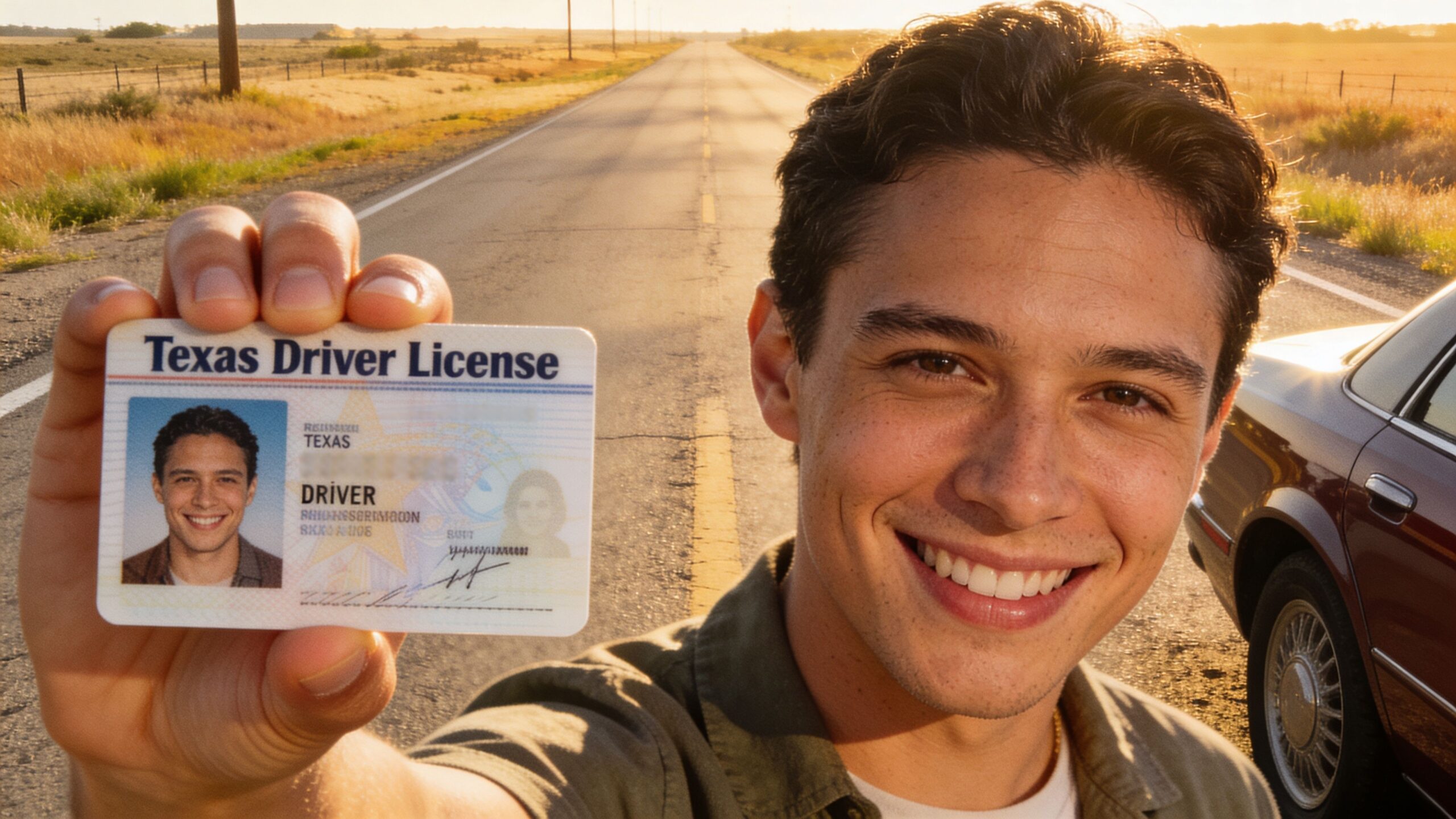 A happy young man holding up a Texas driver license while standing on a remote desert road.