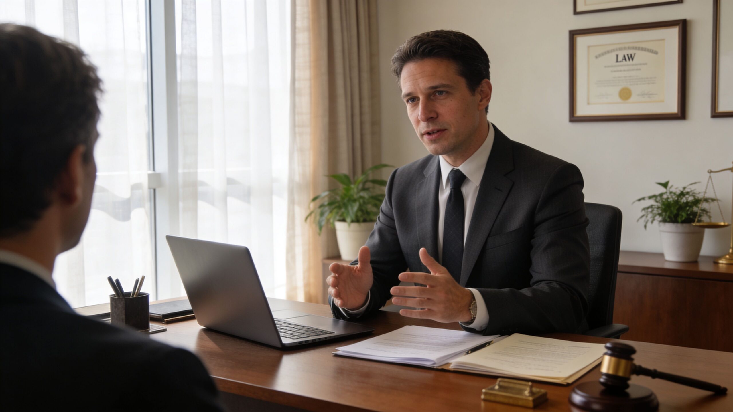 A professional male attorney in a suit discussing legal matters with a client in an office.